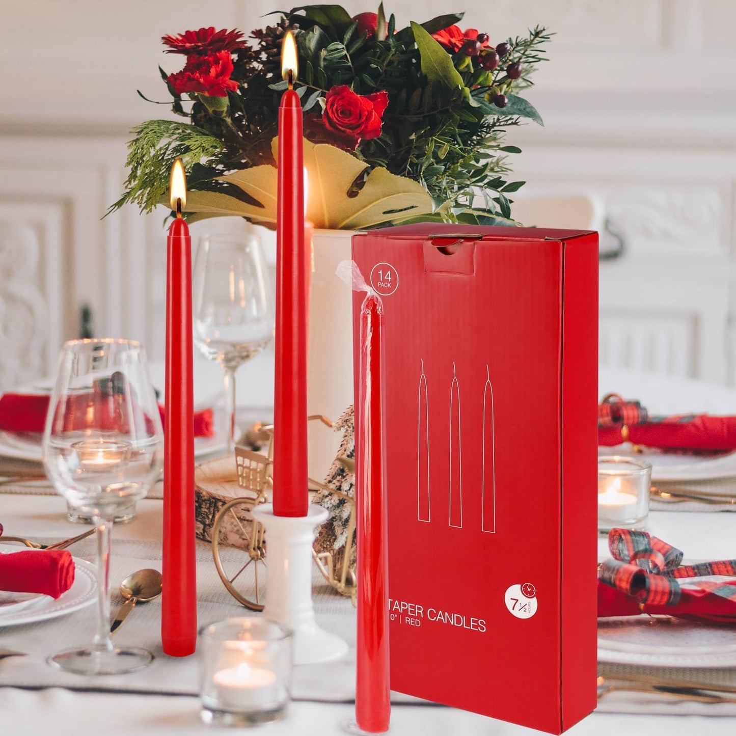 24 Pack Red Taper Candles, 7-8 Hours Burn Time, Unscented, Smokeless and Dripless, 0.75 x 10 Inch Dinner Candle Set for Christmas,Household, Wedding, Party and Home Décor Candlesticks