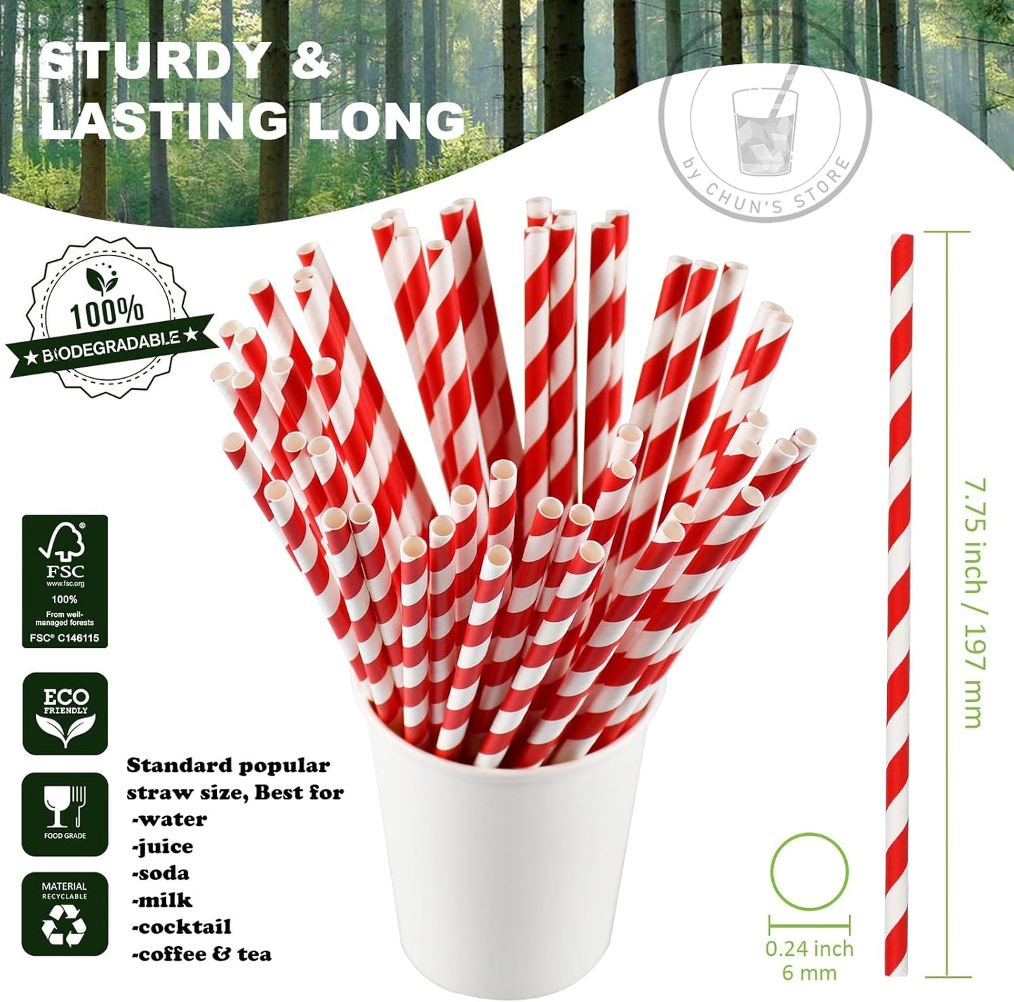 Disposable Paper Drinking Straws, Red Striped, 7.75" x0.24", 1000 Counts - Restaurant Pack