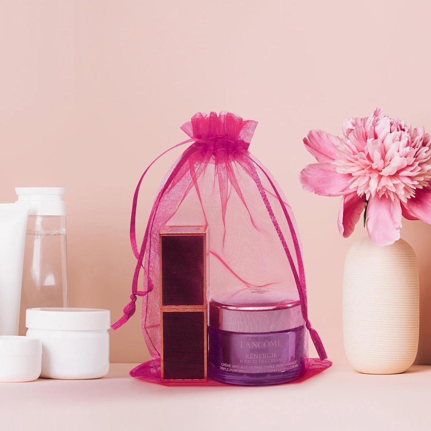 50 Pcs Hot Pink Organza Gift Bags 6x9 Inch, Mesh Bags Drawstring Jewelry Pouch Bags Goody Bags for Candy Wedding Party Favor