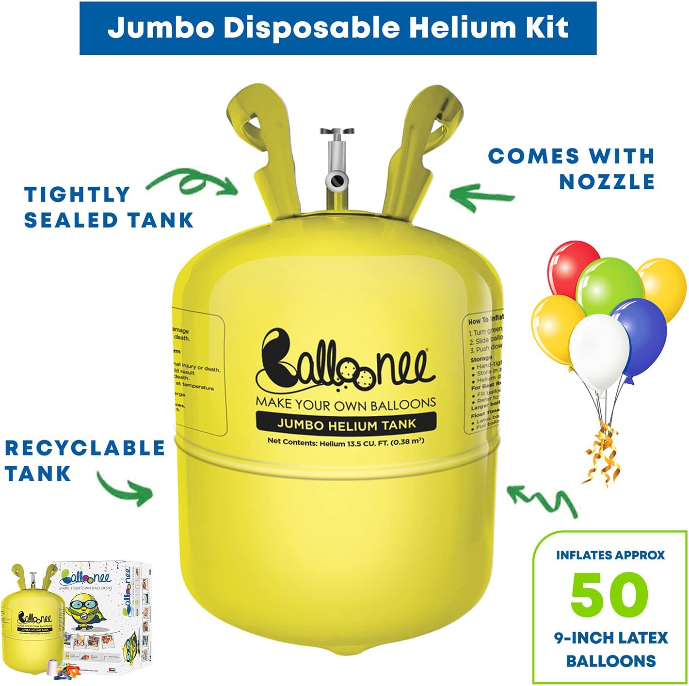 Jumbo Disposable Helium Party Kit - Pack of 4, Helium Tank for Balloons At Home, 13.5 Cu Ft Helium Balloon Pump Kit with 200 Assorted Latex Balloons, Portable for Celebrations