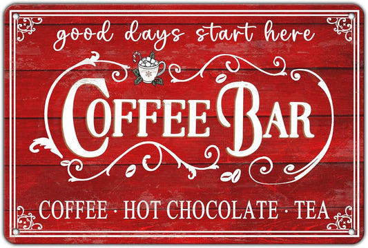 Vintage Christmas Coffee Bar Tin Sign - Kitchen Decor, Tea Bar Accessories, Hot Chocolate Station - 8x12Inch