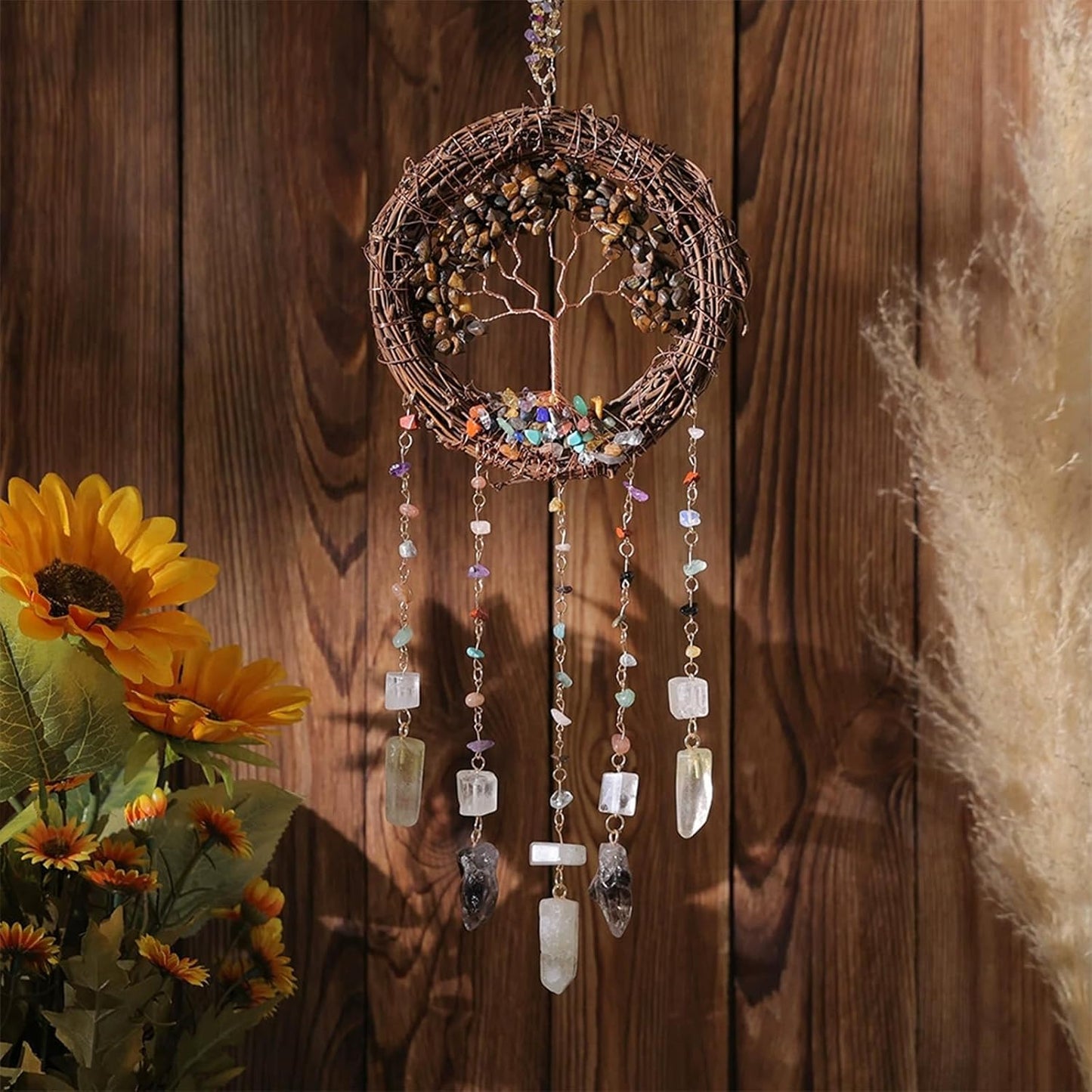TUOKING Crystal Suncatchers for Window Tree of Life Brown Crystals Vine Wreath Sun Catchers Rainbow Maker Ornament Gift Home Garden Decoration
