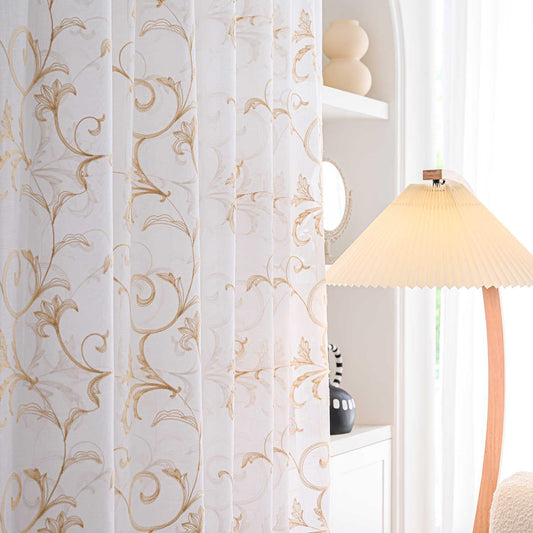 White Sheer Curtains 84 Inches Long, Rod Pocket Sheer Drapes for Living room, Bedroom, 2 Panels, 52"x84", Vintage Beige Floral Patterned Boho Window Curtains for Yard, Patio, Villa, Parlor.