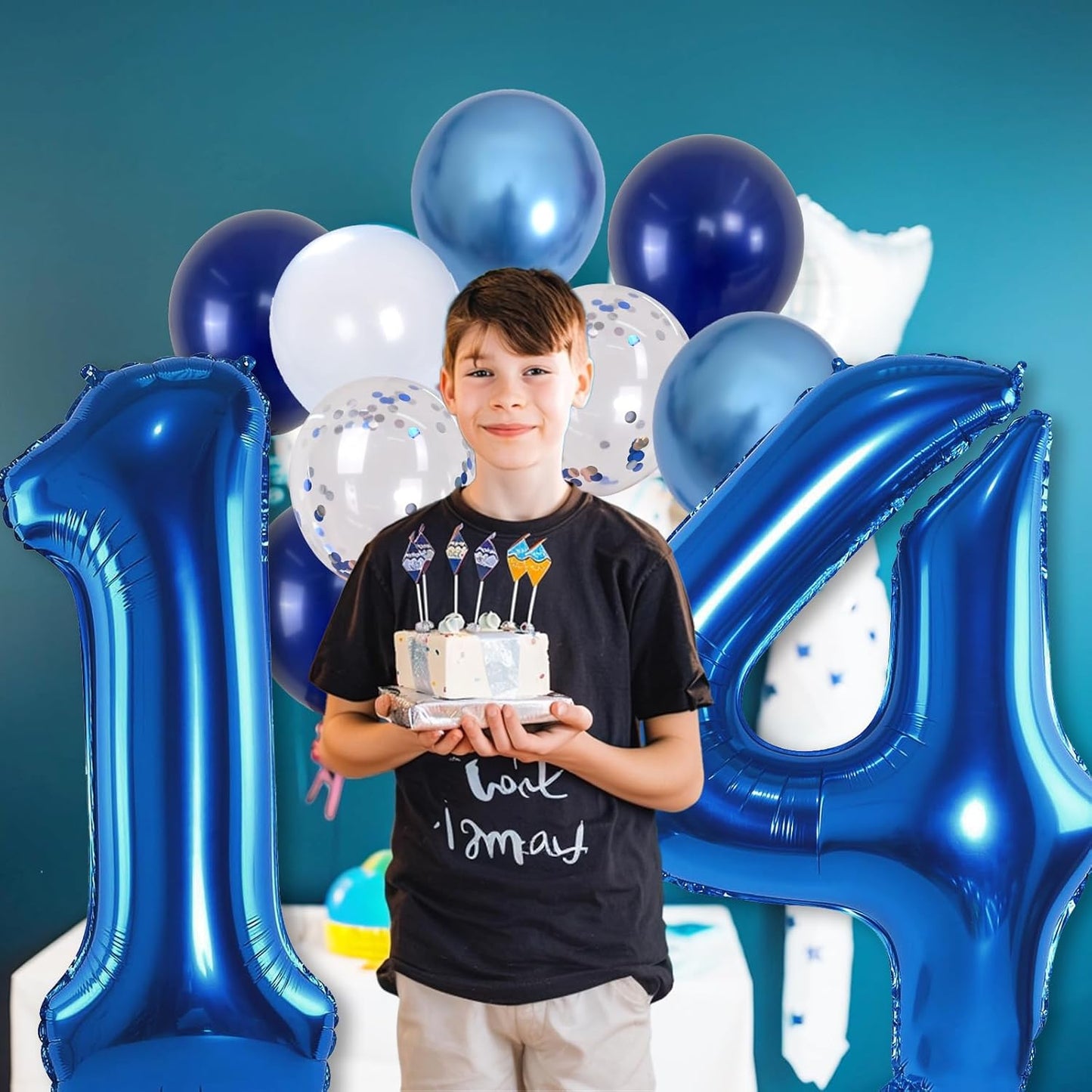 Large Foil Number 14 Balloons, Big Light Navy Blue 14 Helium Balloon with Metallic Silver Confetti Balloon for Boy 14th Birthday Party Decor, Mylar Self Inflating 14 Balloon for Graduation Decorations