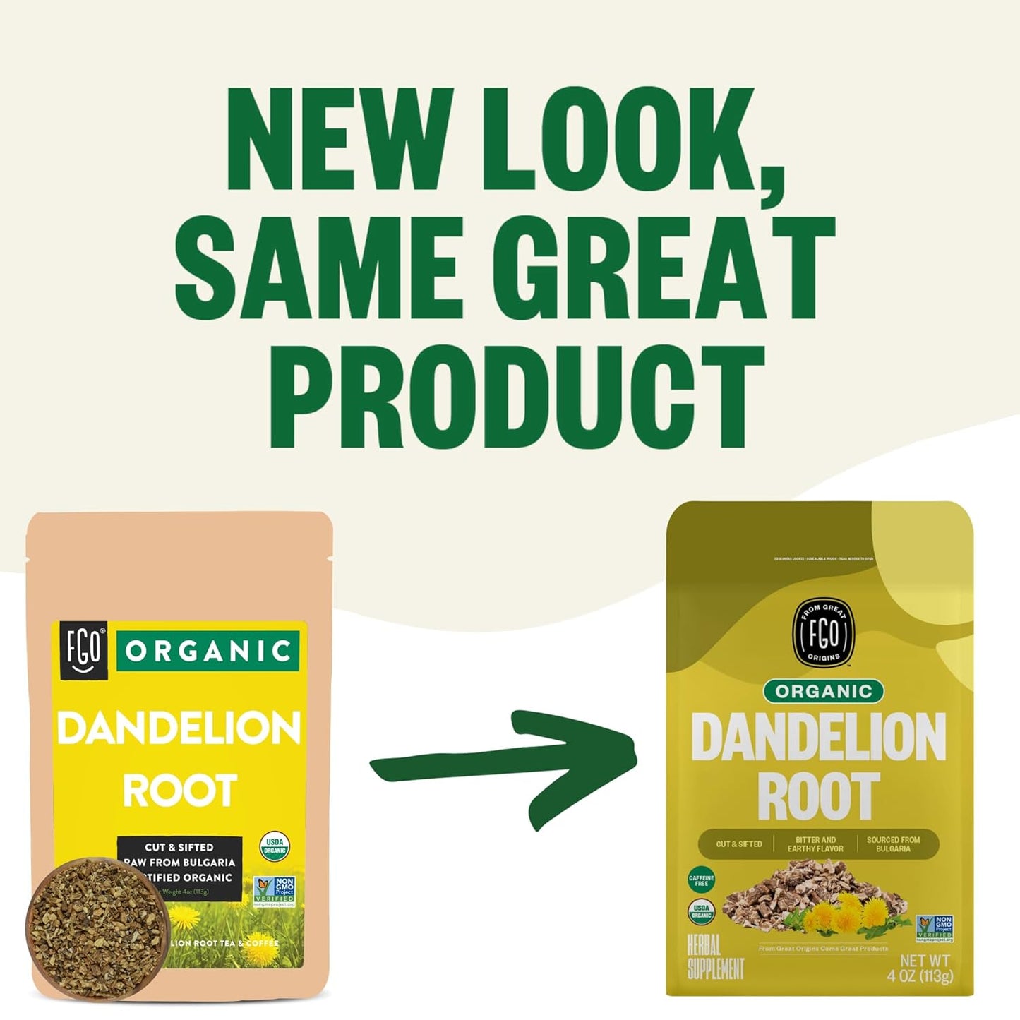 FGO Organic Dandelion Root, Cut and Sifted Loose Tea, 4 Ounce Resealable Bag, Packaging May Vary (Pack of 1)