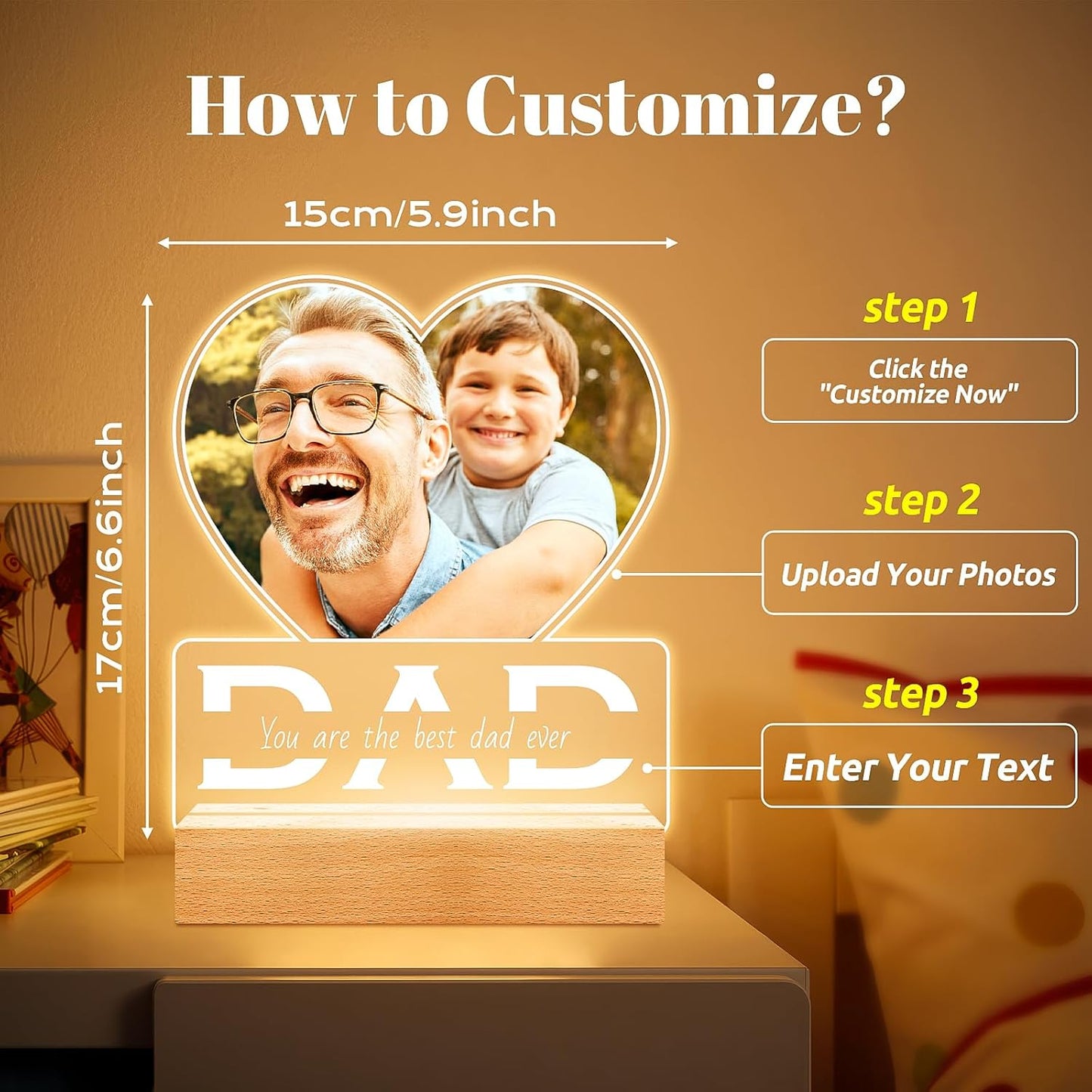 Personalized Photo Gifts for Dad from Daughter and Son, Personalized Picture Frame with Night Light, Custom Acrylic Plaque Photo Frame, Customized Dad Birthday Gifts for Baby Kids Family