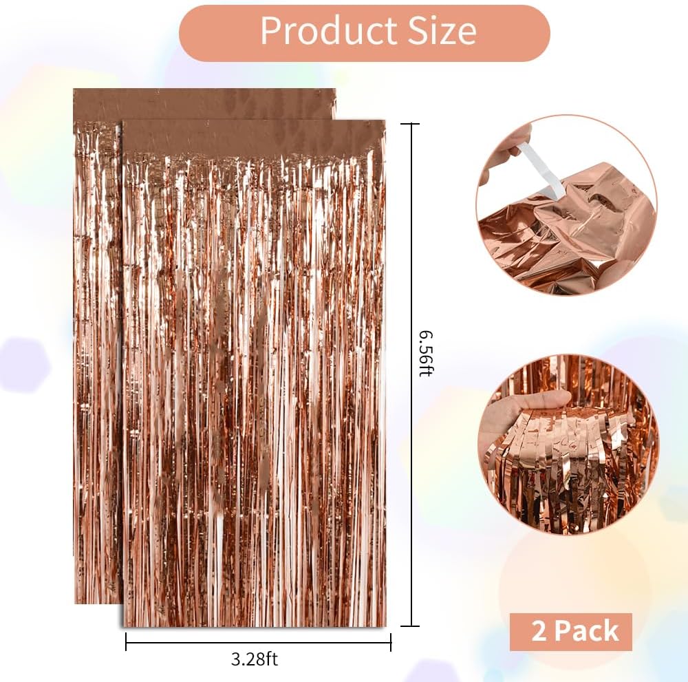BEISHIDA 2 Pcs Rose Gold Door Streamers Tinsel Curtain Party Backdrop Fringe Foil Wall Background for Birthday Christmas Wedding Hot Pink Girls Valentine's Day Party Decoration(3.28 ft x 6.56 ft)