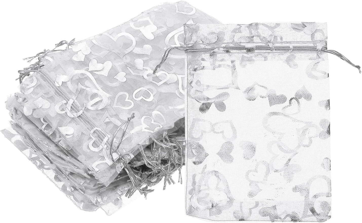 PATIKIL 100 Pcs 4x6 Inch Heart Printed Organza Bags, Silver Sheer Heart Organza Bags with Drawstring for Christmas Candy Jewelry Party Wedding Favor Gift