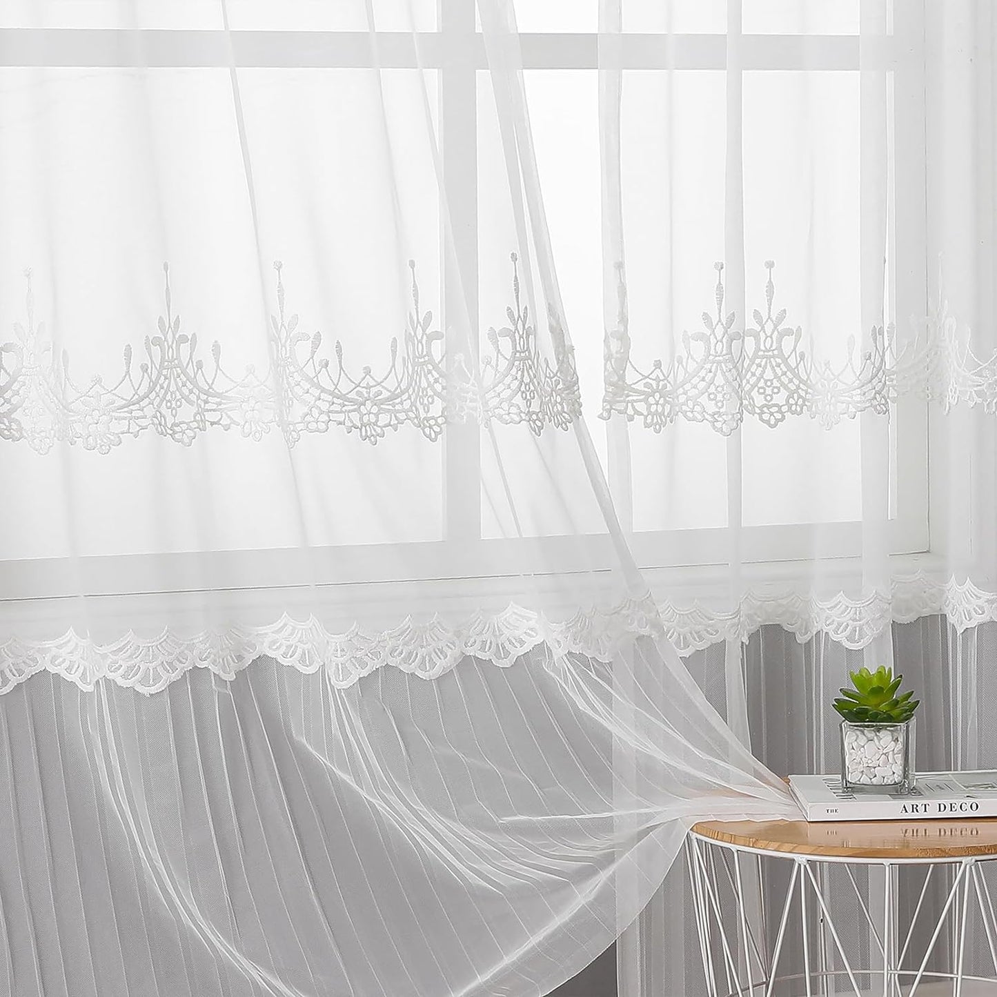 VISIONTEX White Sheer Voile Curtains, Decorative White Embossed European Rod Pocket Window Drapes for Home Kitchen, Living Room and Bedroom 54 x 84 Inch, Set of 2 Curtain Panels