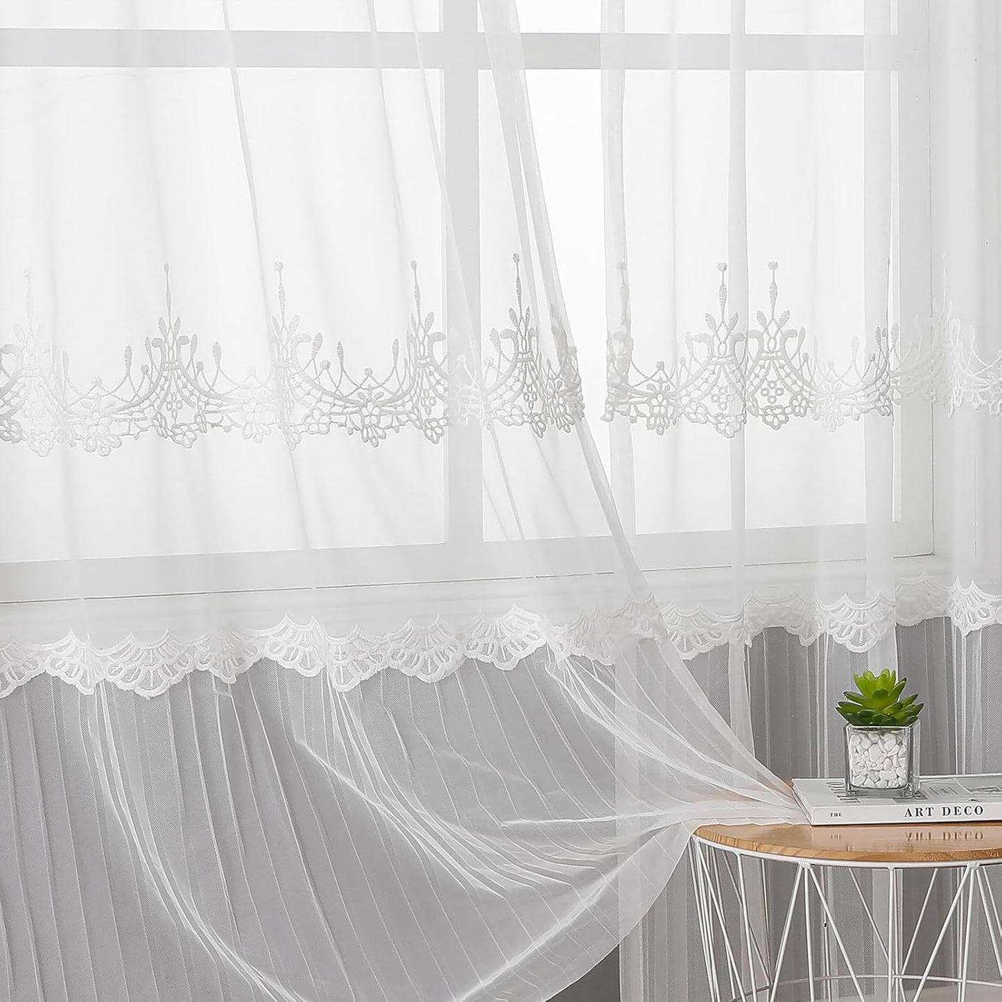 VISIONTEX White Sheer Voile Curtains, Decorative White Embossed European Rod Pocket Window Drapes for Home Kitchen, Living Room and Bedroom 54 x 63 Inch, Set of 2 Curtain Panels