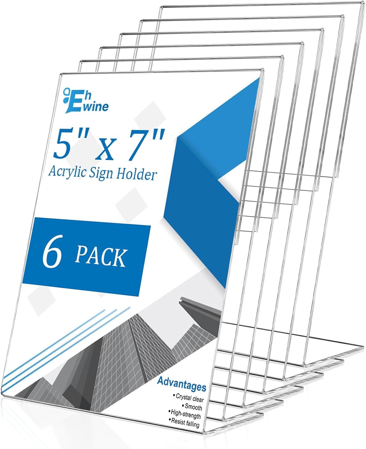 EHWINE 6 Pack 5 x 7 Acrylic Sign Holder, Clear Plastic Signs Display Stand, Vertical Slanted Back Paper Holder Stand up Table Top Sign Holders Flyer Stand Frames Suitable for Office Business Store