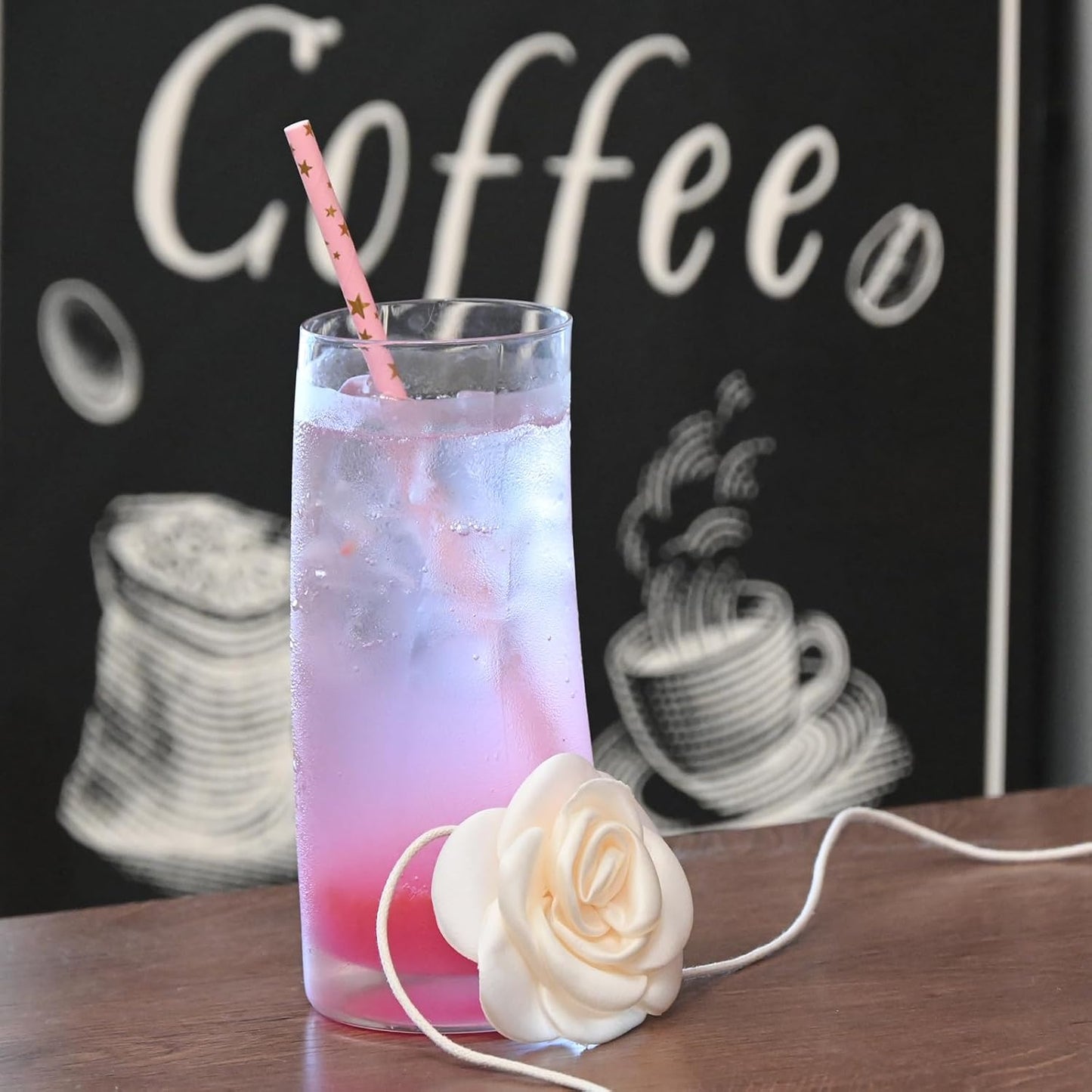 Disposable Paper Straws - Pink Gold Star Paper Straws for Party, Bridal Shower, Wedding, Bar Supplies, 100 Count