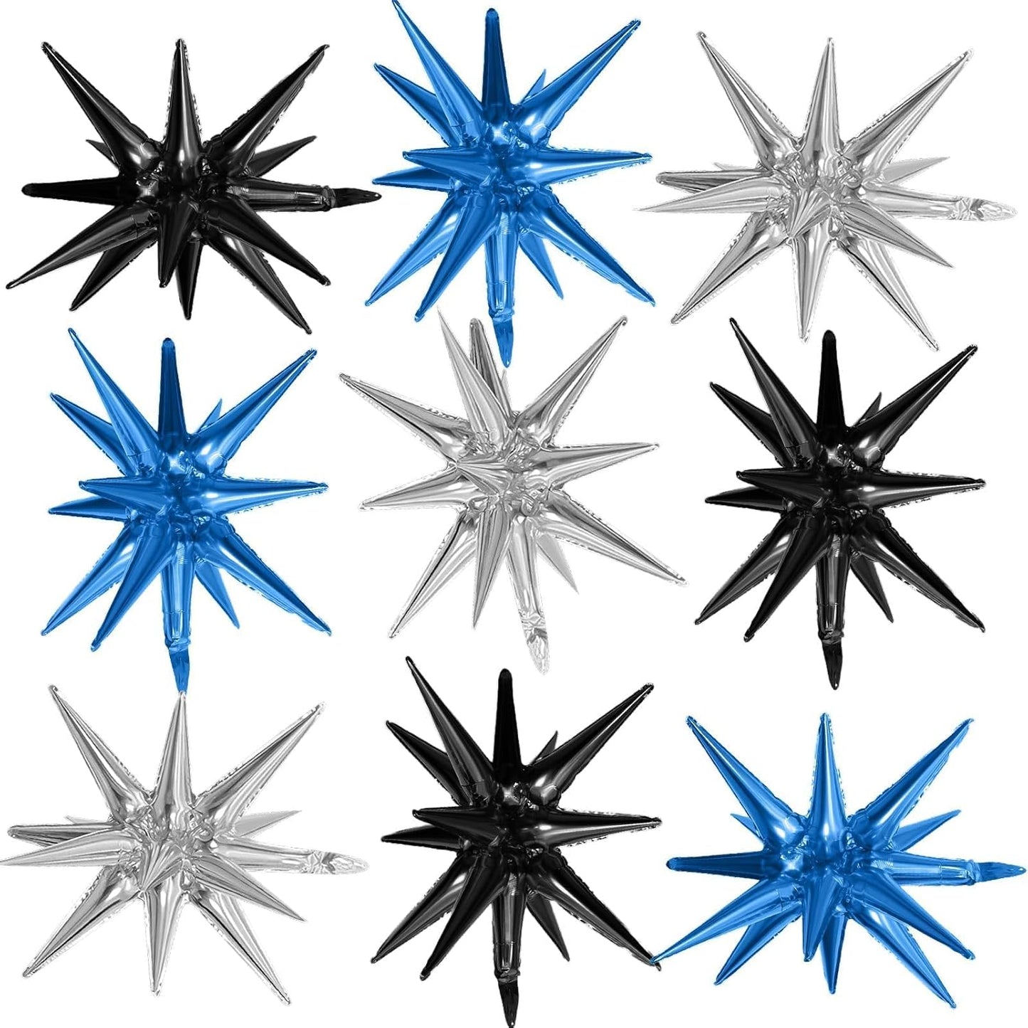 Black Blue Silver Star Balloons,9Pcs 22Inch Black Blue Silver Explosion Spike Cone Helium Polyester Film Star Foil Balloons for Birthday Anniversary Baby Shower Disco Party Decorations