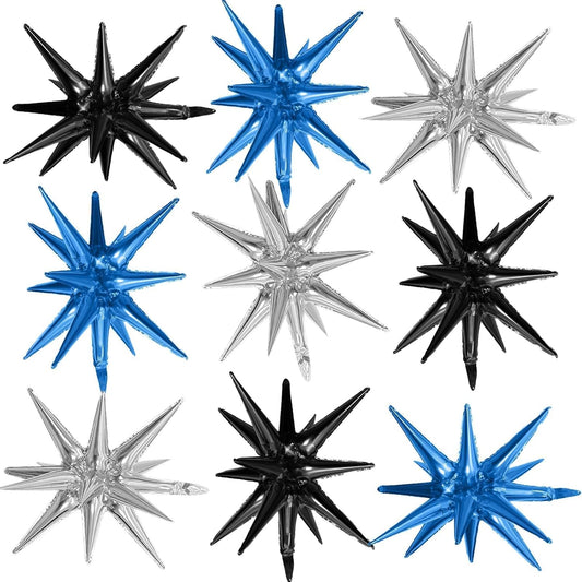 Black Blue Silver Star Balloons,9Pcs 22Inch Black Blue Silver Explosion Spike Cone Helium Polyester Film Star Foil Balloons for Birthday Anniversary Baby Shower Disco Party Decorations