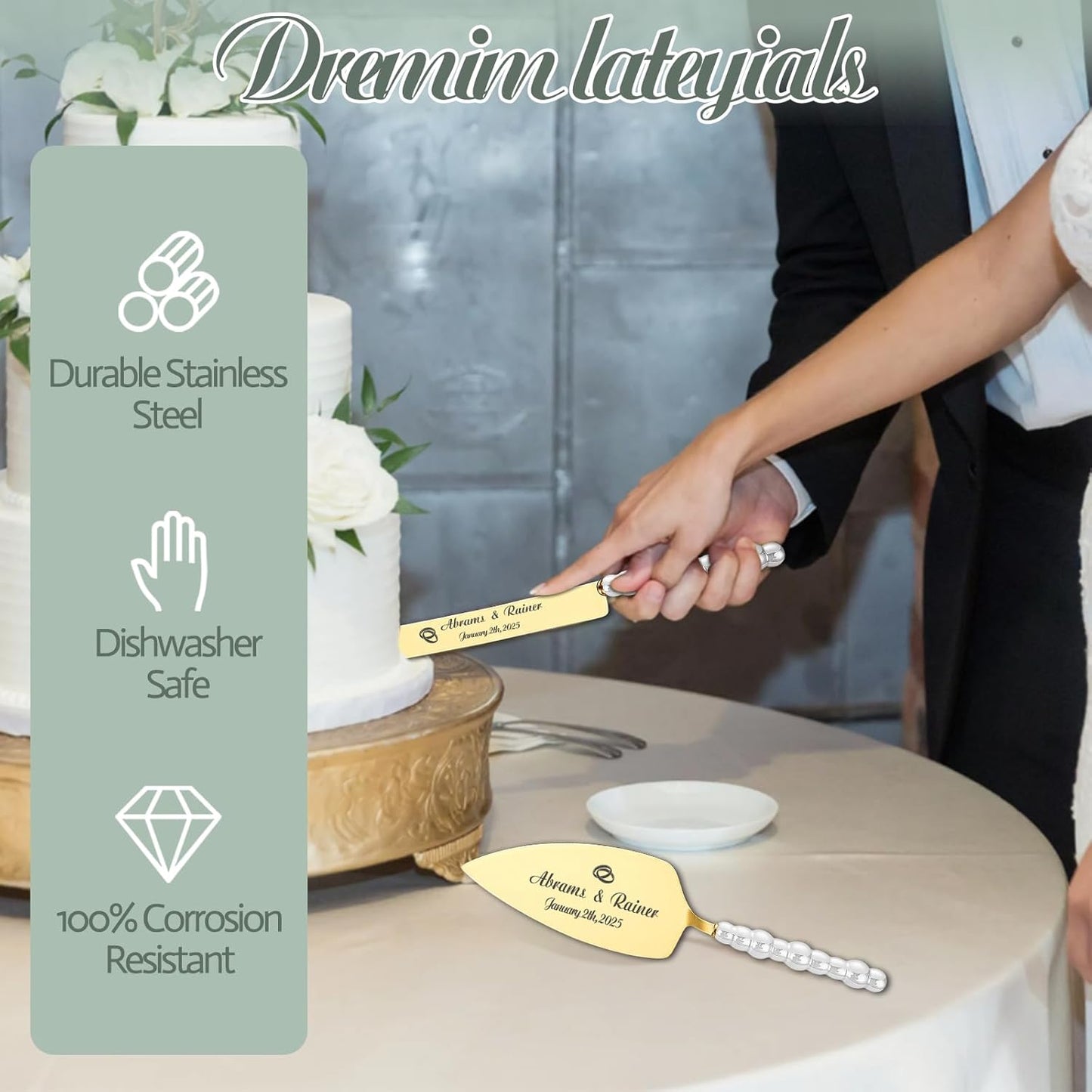 HJX Personalized Wedding Cake Knife and Server Set - Custom Name Engraved Cutting Set with Elegant Gift Box, Ideal for Bridal Wedding Anniversary Birthday Gifts (Pearl handle)