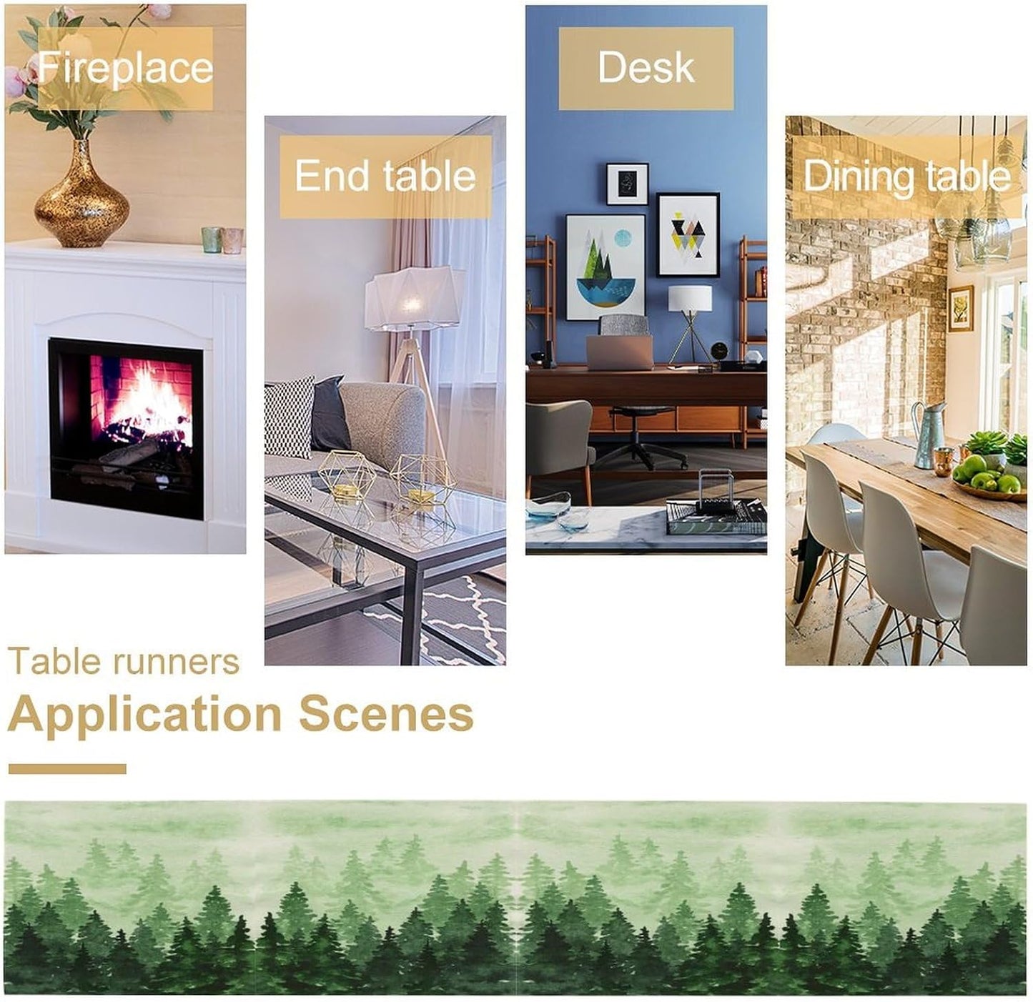 Foggy Forest Table Runner,Watercolor Wreen Misty Forest Landscape Table Runner for Kitchen Dining Table Home Party Decoration 13x108 Inch