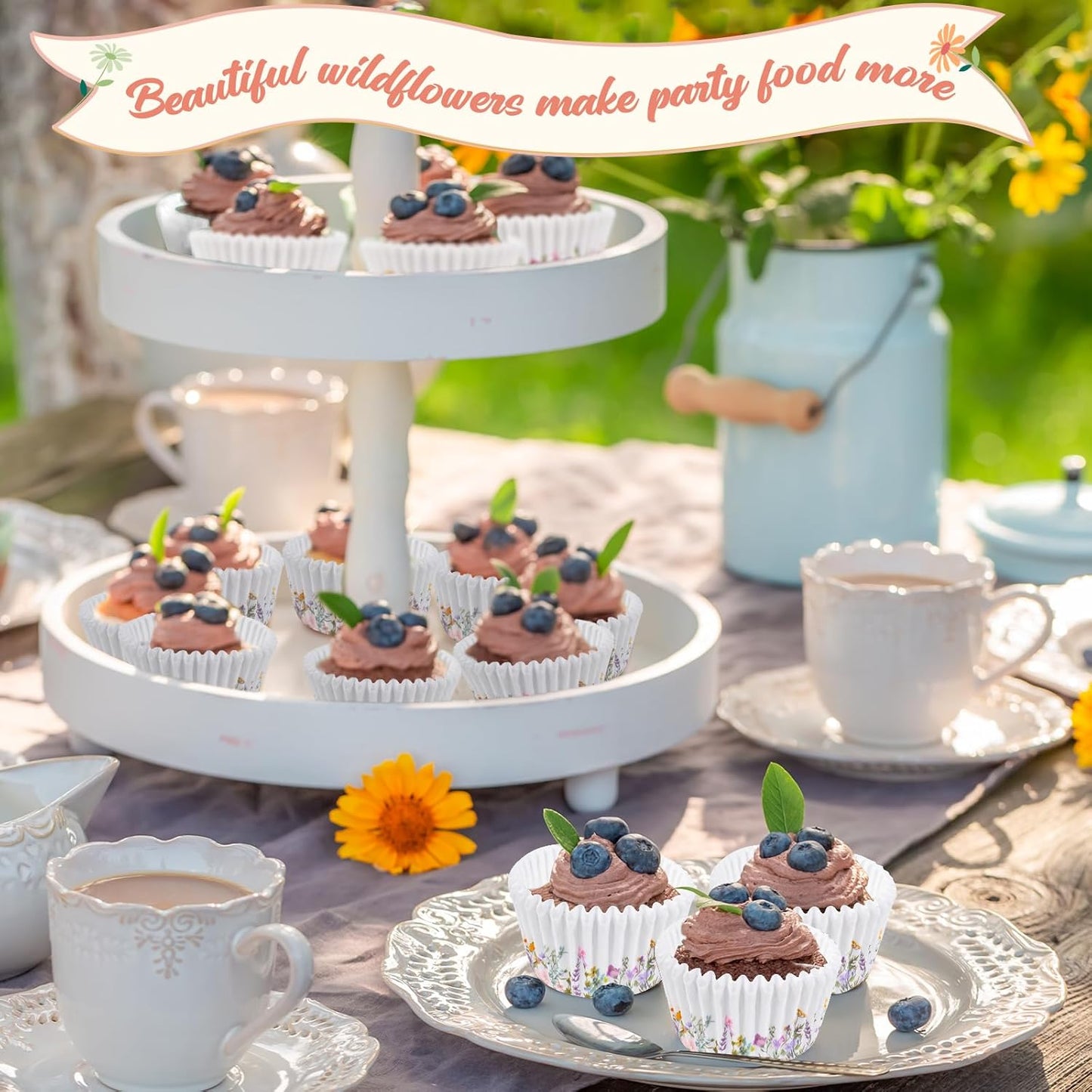 600 Count Elegant Wildflower Cupcake Liners for Baby Showers, Weddings, Spring Birthday Parties - Floral Rustic Theme Party Decorations Supplies