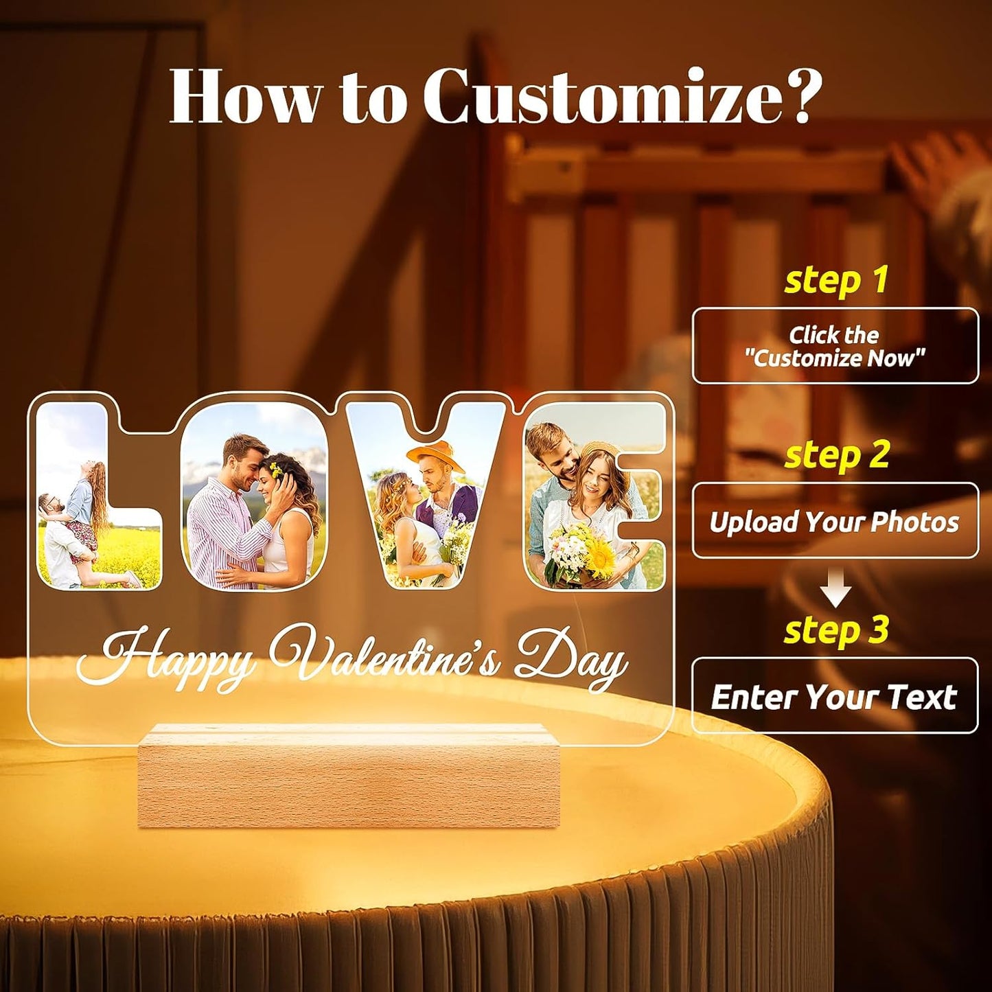 Custom Picture Frames with Photo, Personalized LOVE Photo Frame with Night Light, Customized Couples Gifts, Personalized Anniversary Valentines Gifts for Women Men Her Him Girlfriend Boyfriend