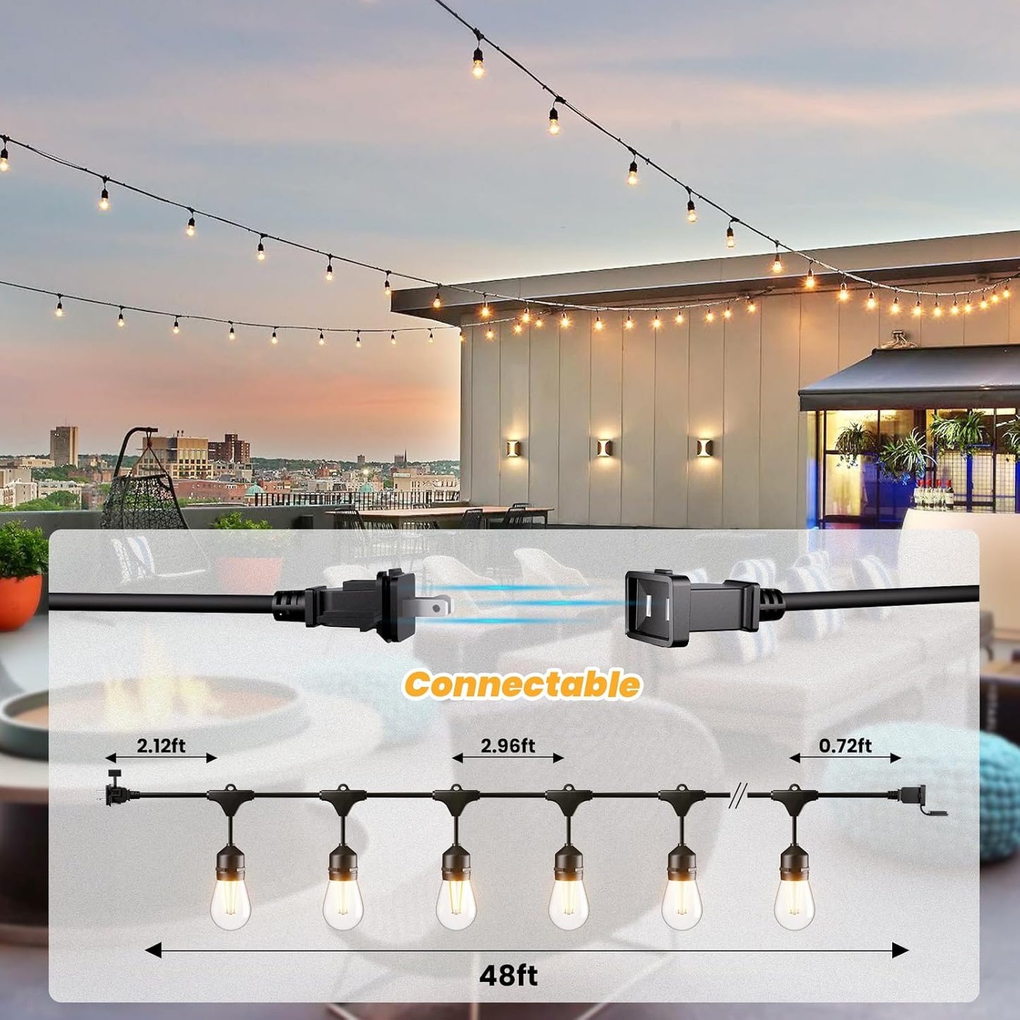 Svater 48 FT Outdoor String Lights 2W, Commercial Grade Patio Light with 15 pc Edison Shatterproof Bulbs, IP65 Waterproof LED Hanging Lighting for Bistro Cafe Market Outside Backyard, Warm White 2700K