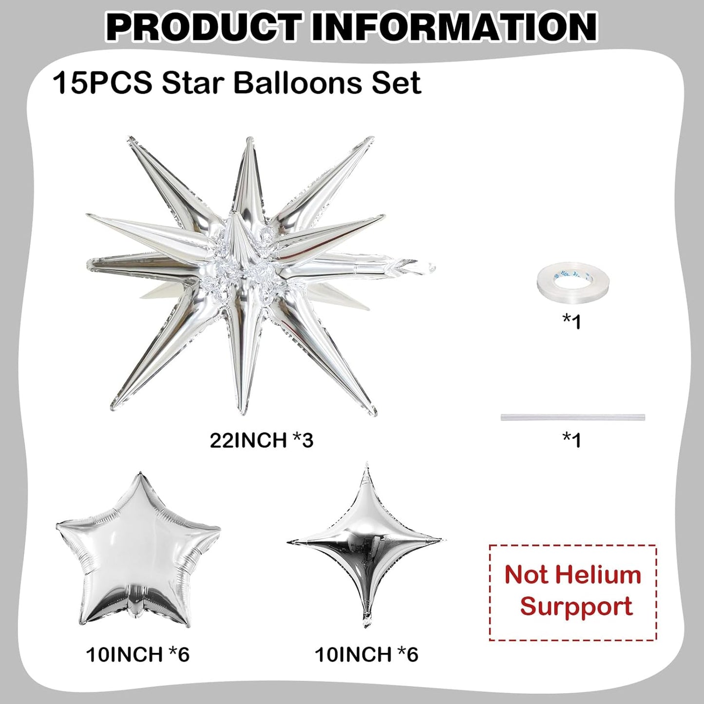 Silver Star Balloons, 22in Large Star Balloons Foil 10in 4-Pointed & Silver Pentagram Balloon for Graduation New Year Wedding Baby Shower Birthday Party Decorations