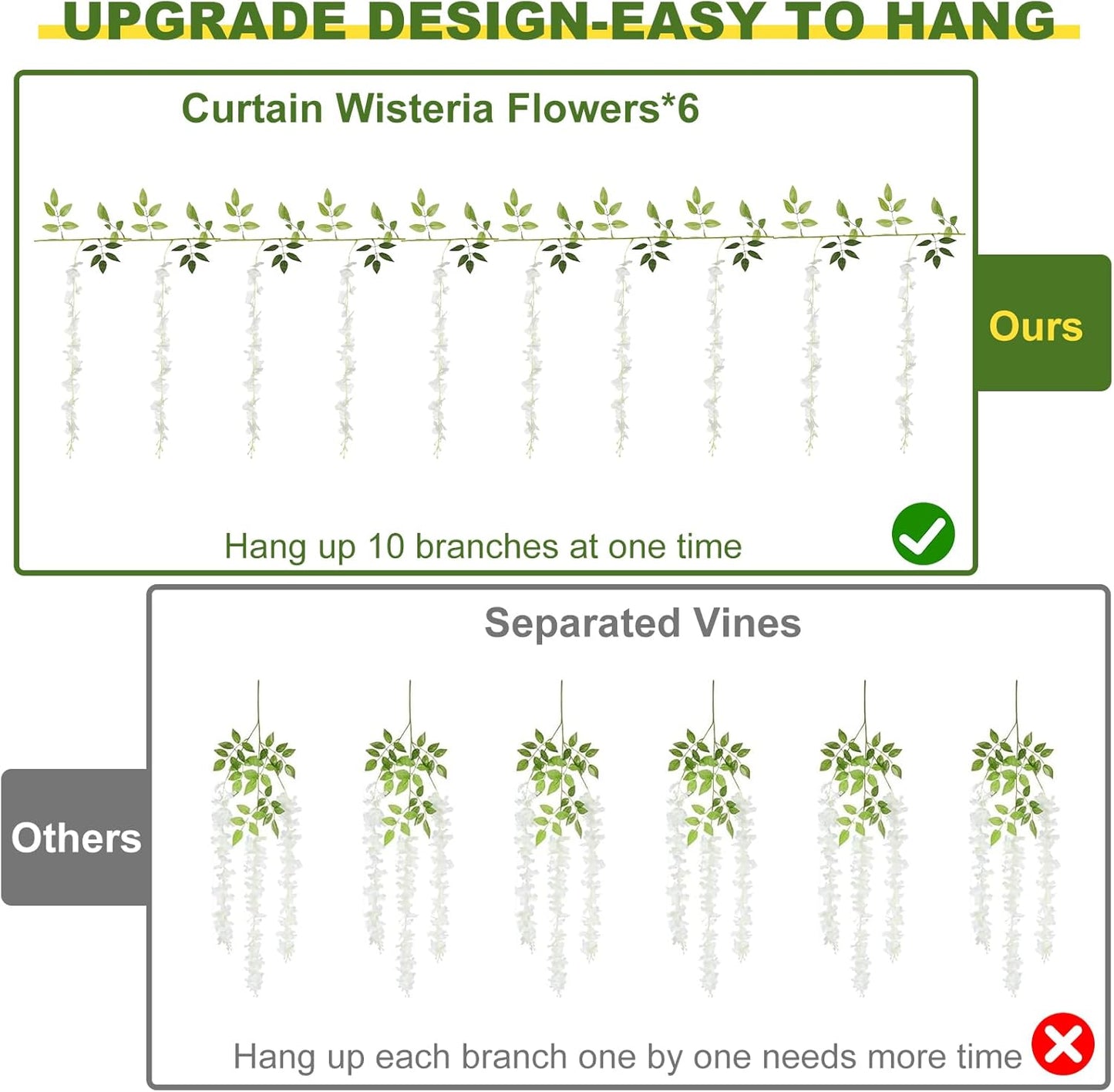 Wisteria Artificial Flowers Garland，10Pcs Total 60ft Silk Fake White Wisteria Flowers Hanging for Home Garden Wedding Arch Party Indoor Outdoor Decor