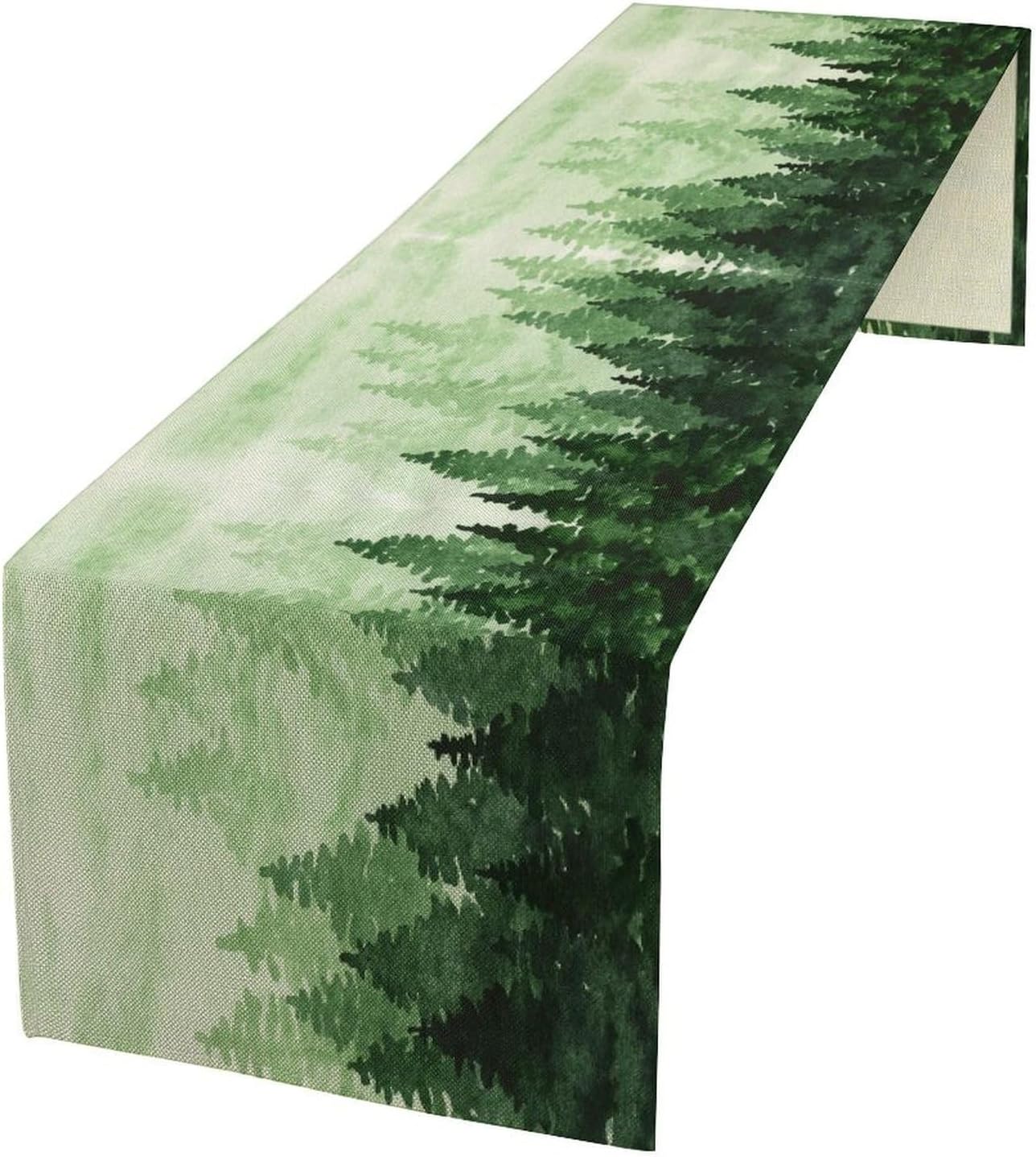 Foggy Forest Table Runner,Watercolor Wreen Misty Forest Landscape Table Runner for Kitchen Dining Table Home Party Decoration 13x72 Inch