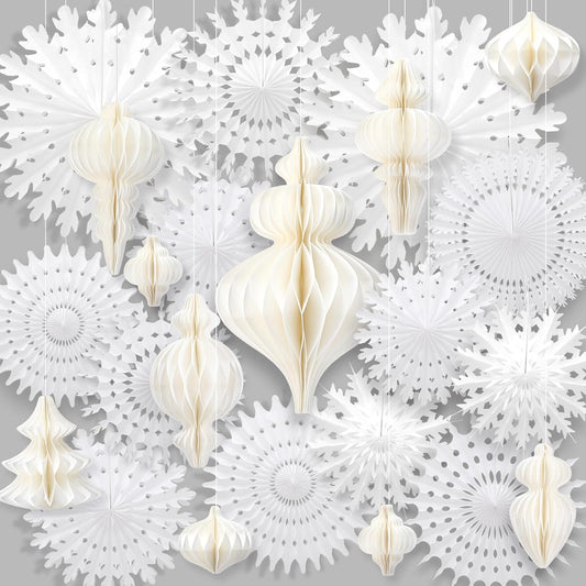 Cinnvoice 16 Pcs White Paper Snowflake Decorations 12 Pcs Christmas Paper Honeycomb Balls Ornaments Xmas Hanging Decorations Birthday Party Supplies for Christmas Tree Winter Party Wonderland