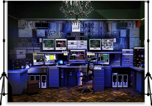 Custom Backdrop with Size Retro Computer Office Backdrop Blue Hacker Room Background for Photography Party Room Decor Photo Booth Props Supplies YUNBDZ008