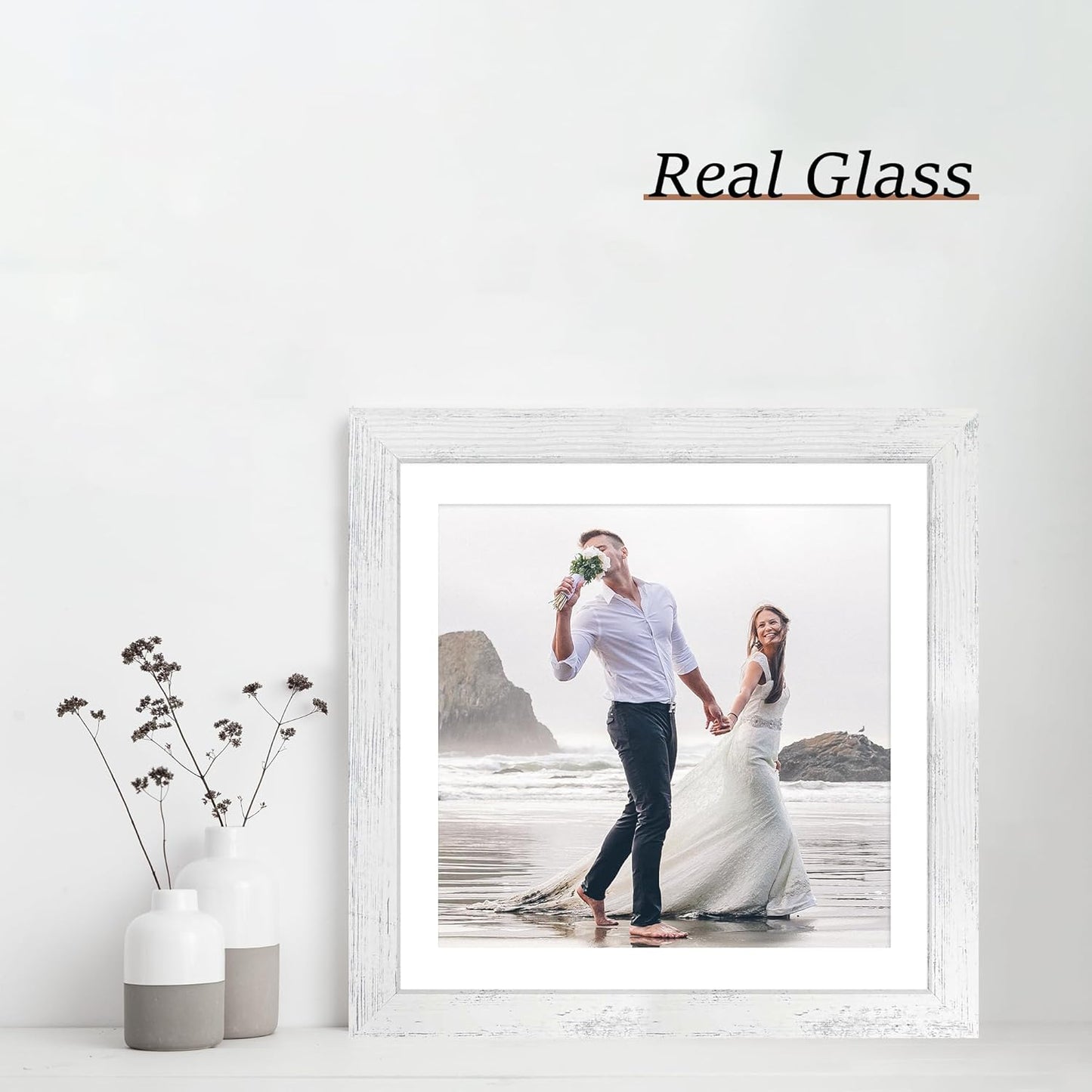 12x12 Picture Frame Set of 4 with Tempered Glass, Display 10x10 Pictures with Mat or 12 x 12 Without Mat, Wooden Photo Frames for Tabletop Display and Wall Mounting