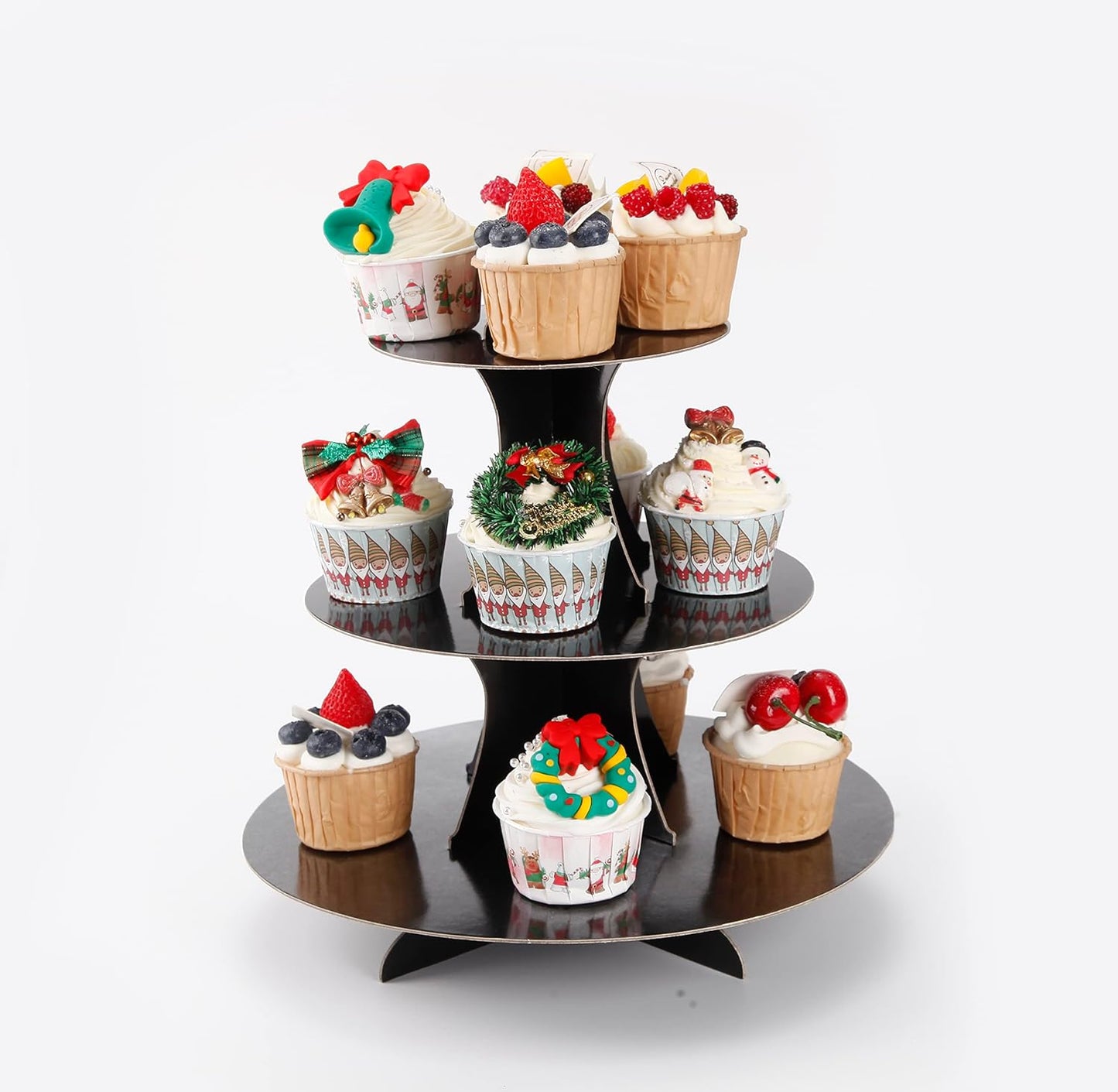 2Pcs 3-Tier Cupcake Stand, Cake Stand holder, Tiered DIY Cupcake Stand Tower for Dessert Table Displays, Birthday Theme Party Favors Decoration, Floral Tea Party, 12" W x 12.8" H, Black