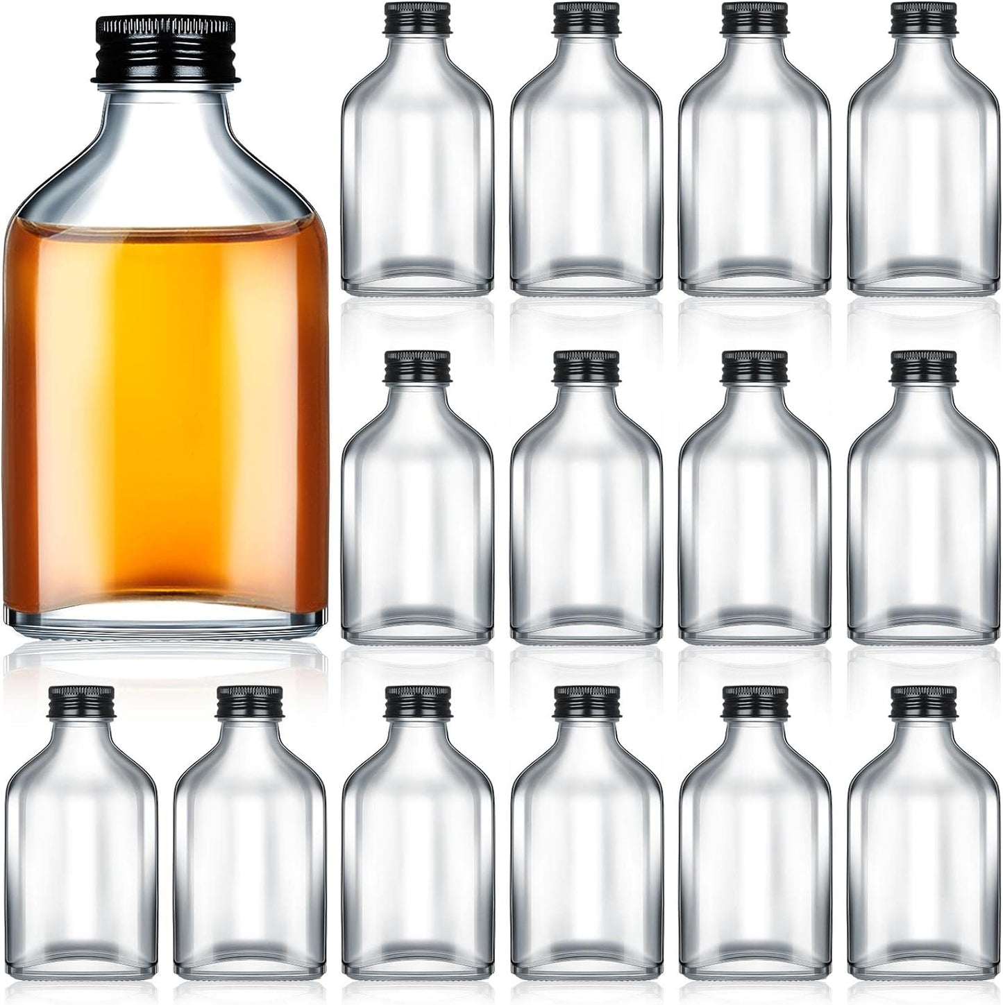 Patelai 32 Pcs Clear Glass Bottles with Caps Mini Glass Flask Liquor Bottles Empty Alcohol Shot Bottling Small Champagne Container DIY Gift for Halloween Wine Beverages Liquor Drinks Oil Beer (100 Ml)