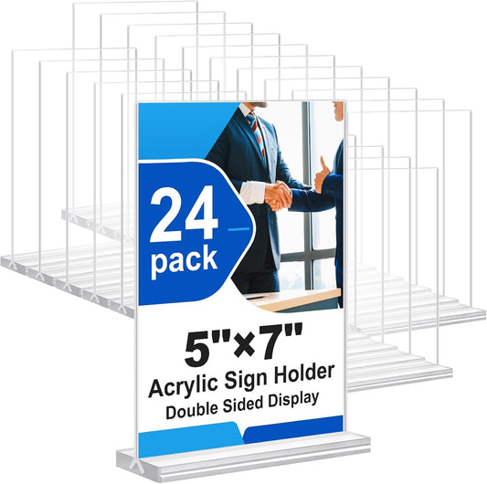 Acrylic Sign Holder 5x7 Inches 24 Pack, Double Sided Clear Display Stand Table Top Sign Paper Holder, Vertical Menu Flyer Holder, Plastic Sign Frame for Stores, Restaurants, Hotels, Office