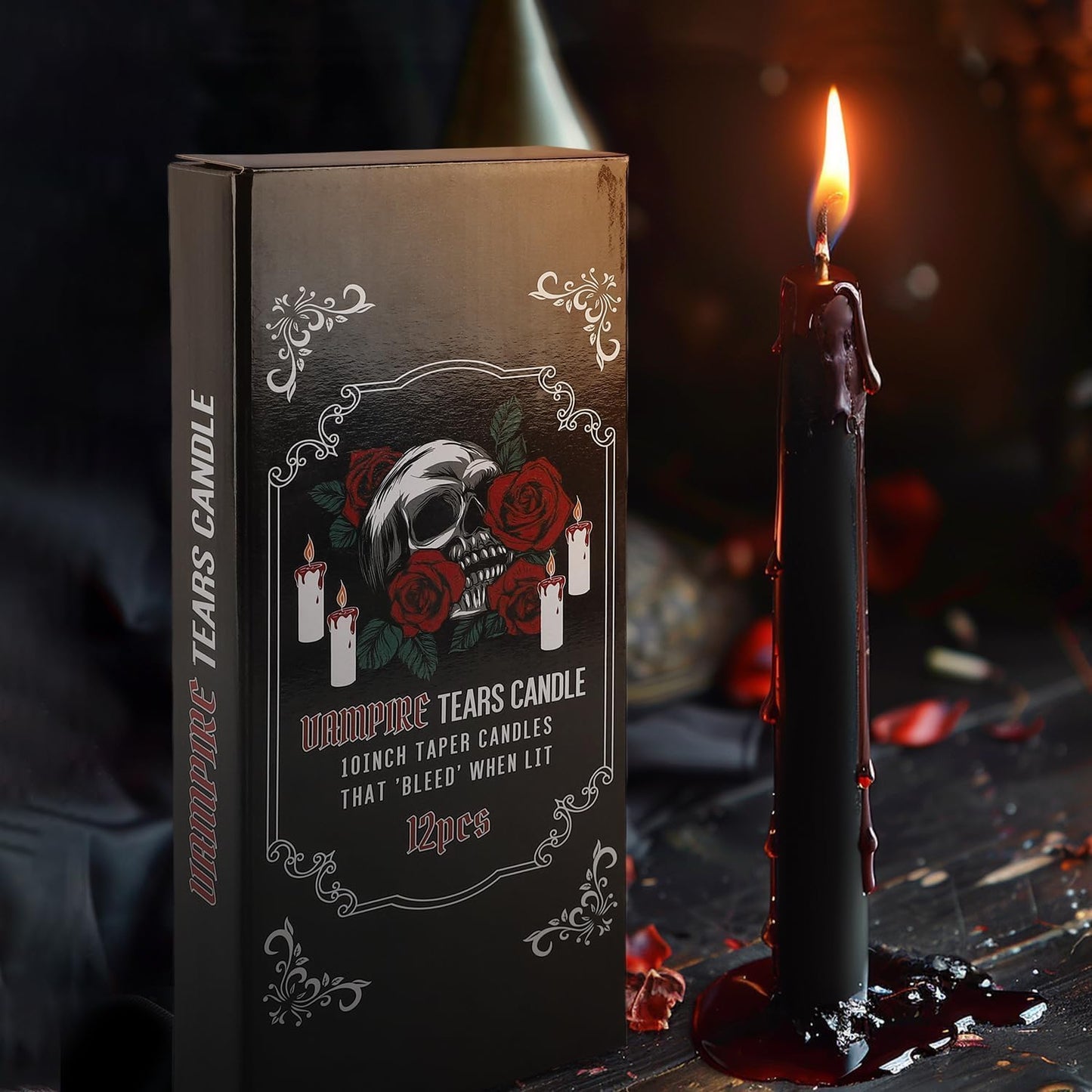 12PCS 10-Inch Black Bleeding Taper Candles,Vampire Tears Taper Candles- Unscented Candle Pack Ideal for Halloween, Christmas, Rituals, and Themed Party Decor.