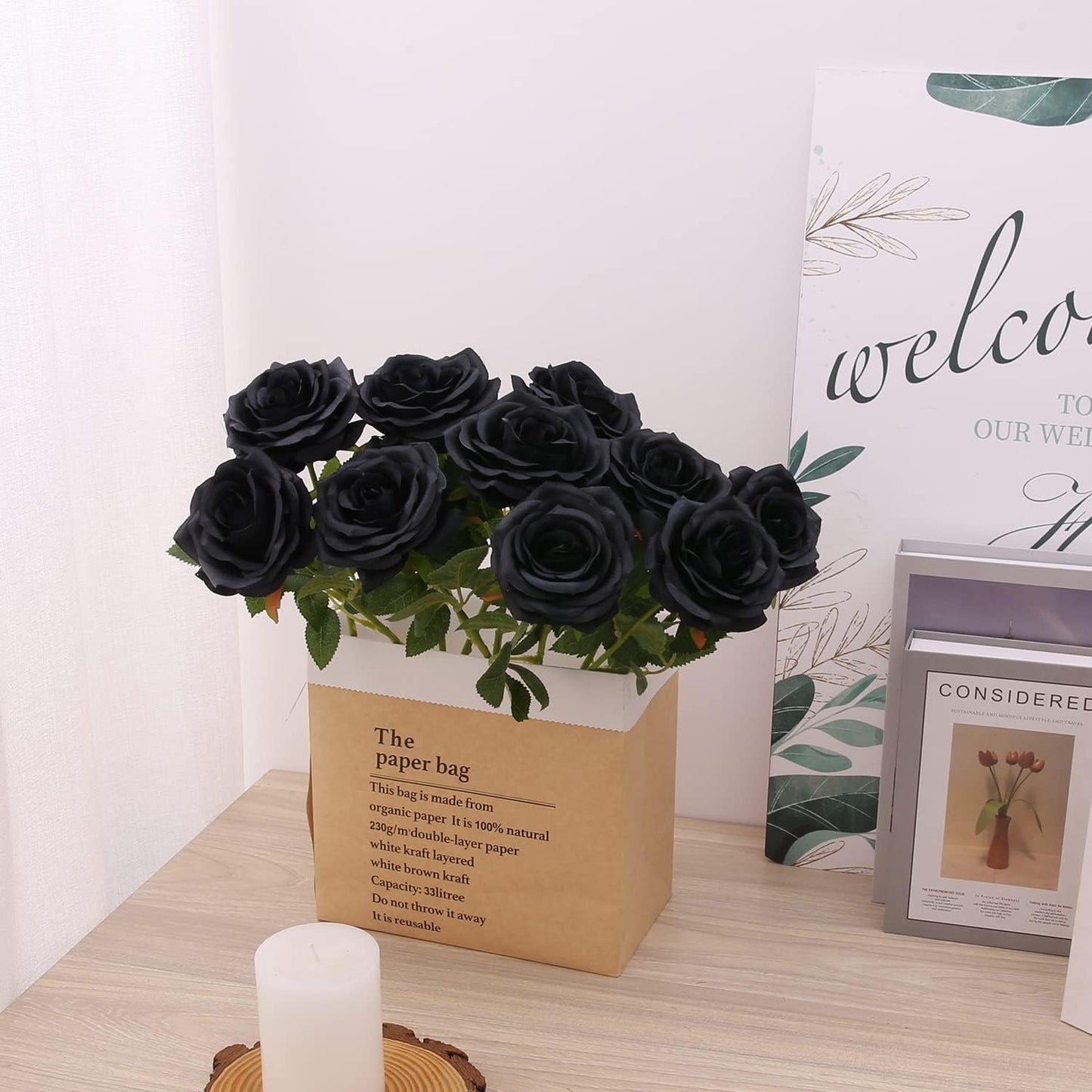 Artificial Rose 10pcs Open Flower Bouquet Black Faux Rose Stems for Wedding Arrangement, Bridal Bouquet, Centerpiece, Fake Faux Silk Flowers