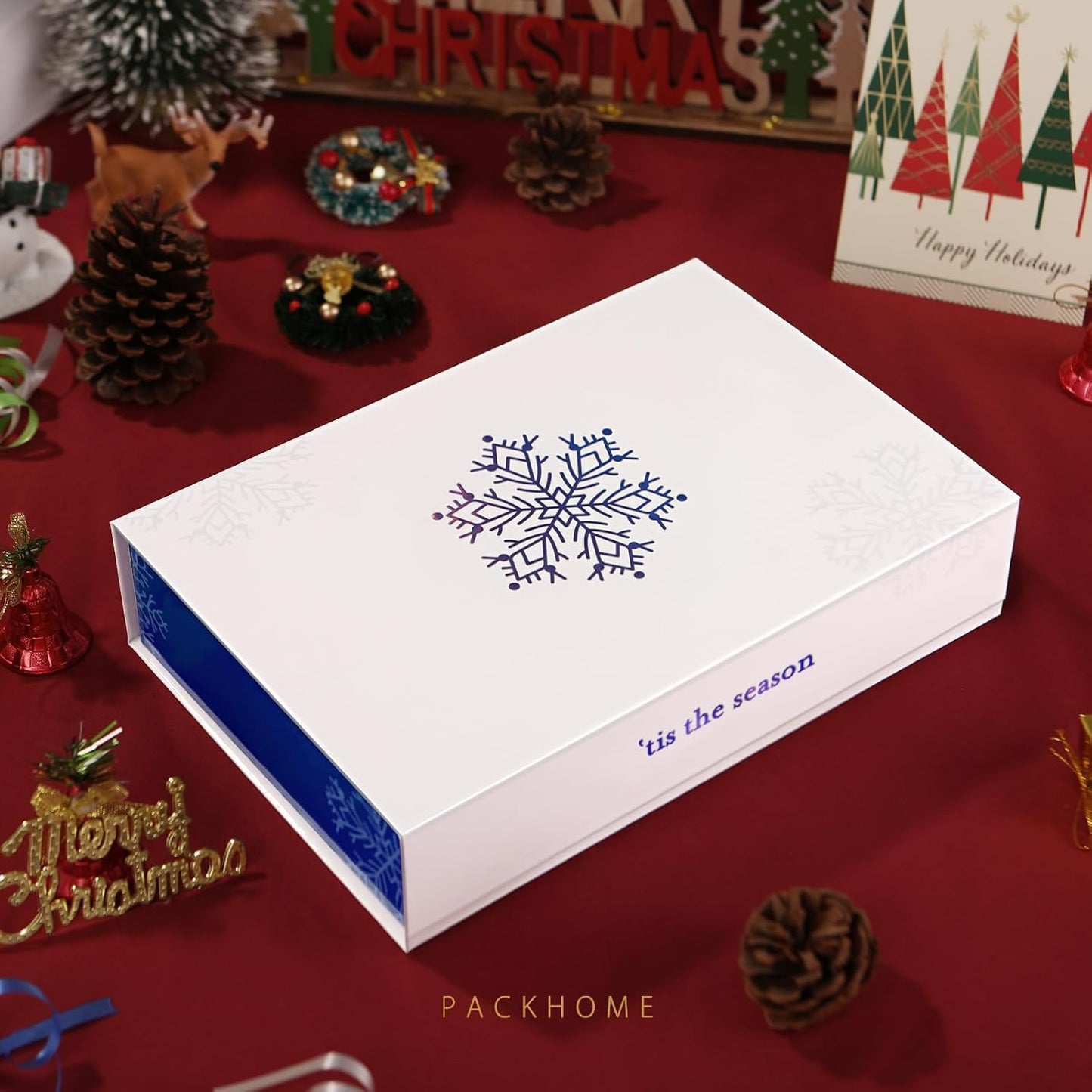 PACKHOME 6 Christmas Gift Boxes 13x9.7x3.4 Inches, Large Gift Boxes with Lids, Sturdy Shirt Boxes with Magnetic Lids for Wrapping Gifts (Blue Snowflake Pattern)