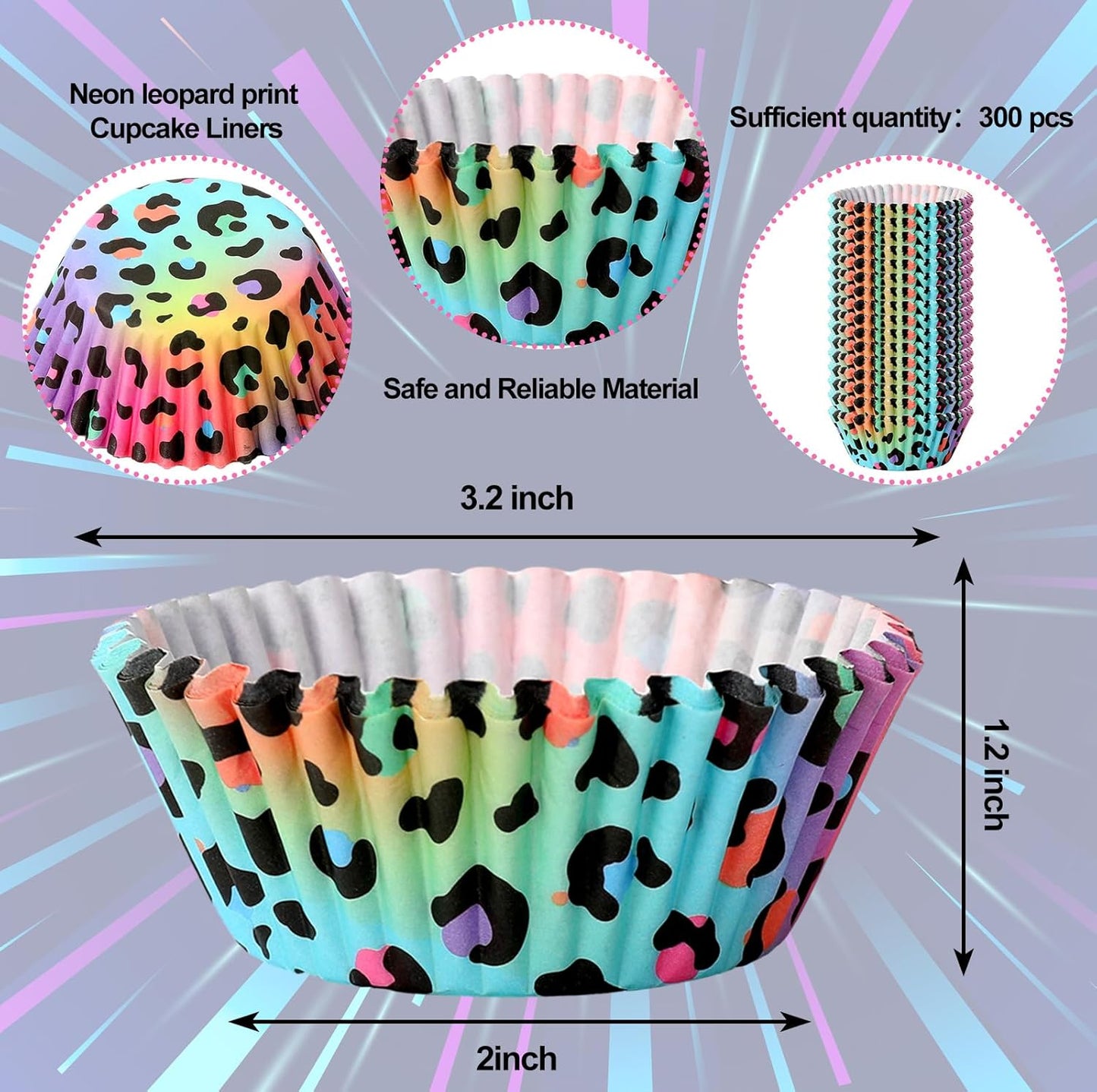 Whaline 300Pcs Leopard Print Cupcake Liner Neon Animal Spot Paper Baking Cup Rainbow Muffin Liner Cake Storage Container For Party DIY Craft, 2 x 1.2 Inch