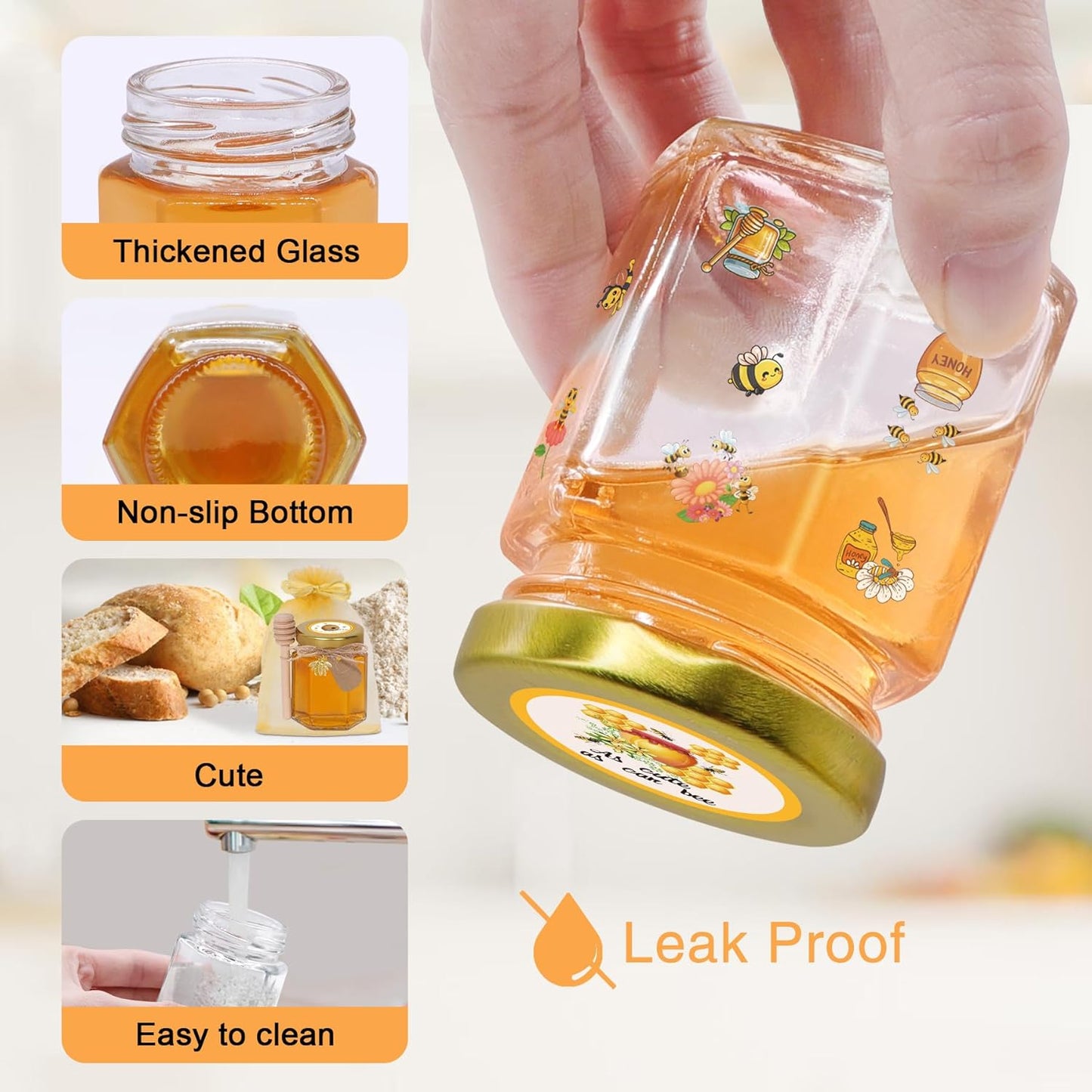 70 Pack 3 oz Mini Hexagon Glass Honey Jars with Dippers, Gold Lids, Bee Stickers, Bee Charms, Gift Bags & Jute– Empty Small Honey Jars for Party Favors Bulk, Ideal for Baby Showers ＆ Weddings