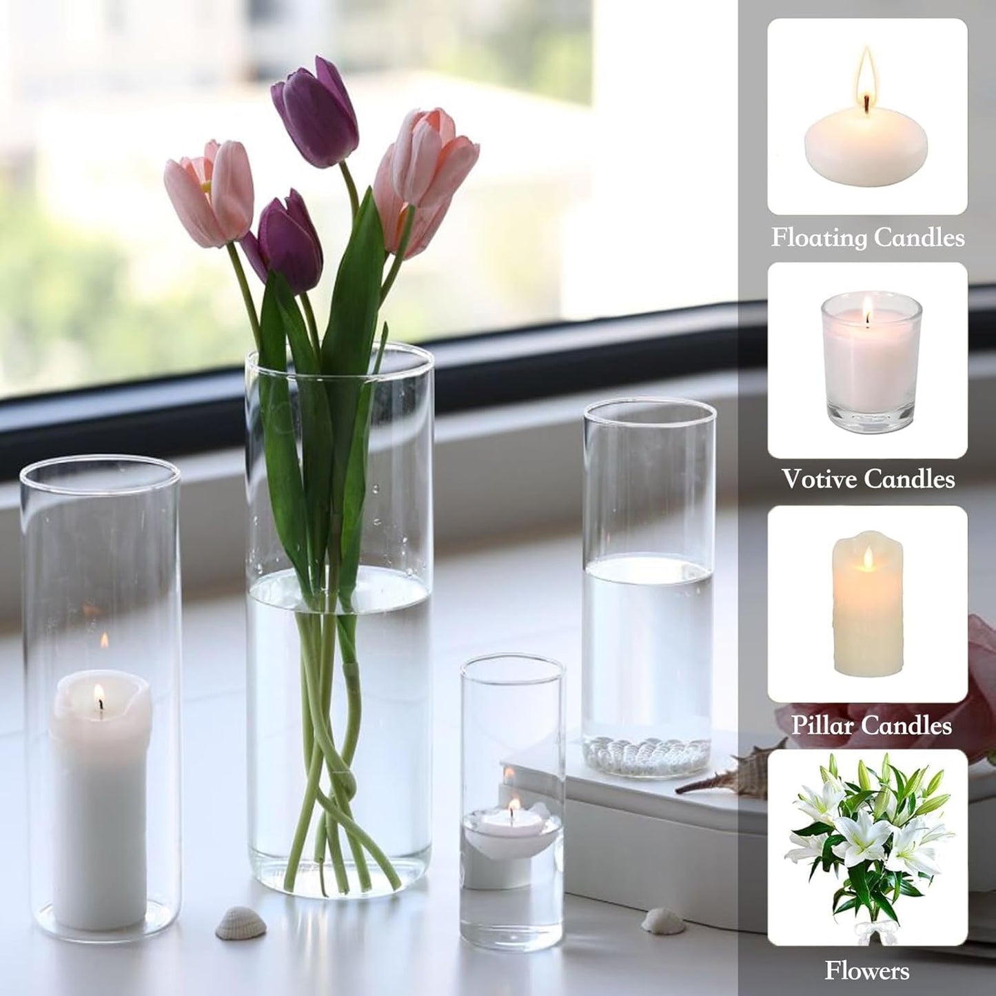 PHOSPHOR 16 PCS Glass Candle Holder, Hurricane Candle Hoder, Glass Pillar Candle Holder, Clear Cylinder Candleholder Cylinder Vase for Centerpieces Wedding Party Decoration