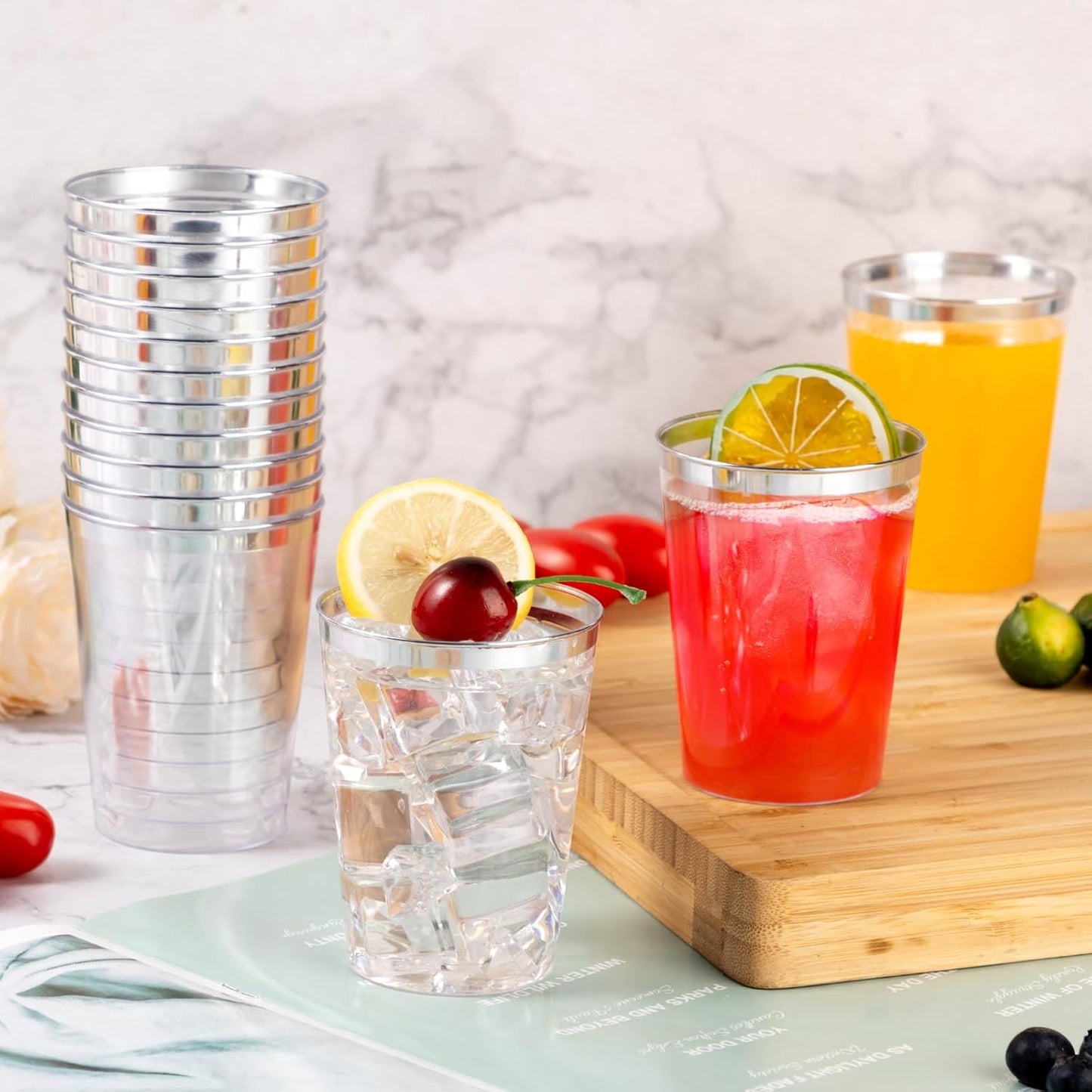 Goodluck 100PCS 10oz Plastic Cups for Party, Disposable Silver Plastic Cups, Cocktail Glasses for Wedding Thanksgiving, Christmas, and Parties