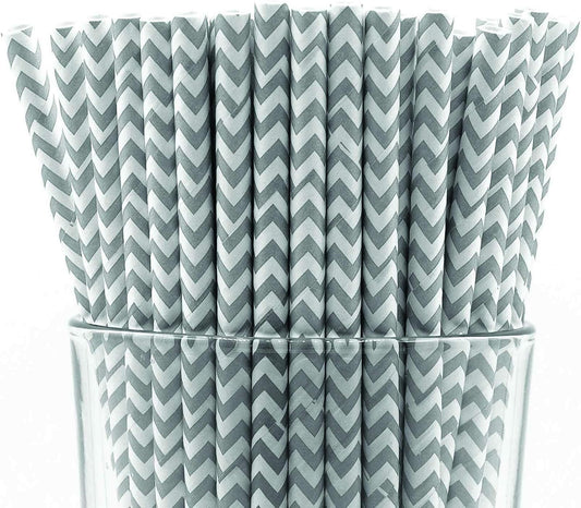 Pack of 150 Gray Chevron Biodegradable 4-Ply Paper Drinking Straws (Compostable, Non-toxic, BPA-free)