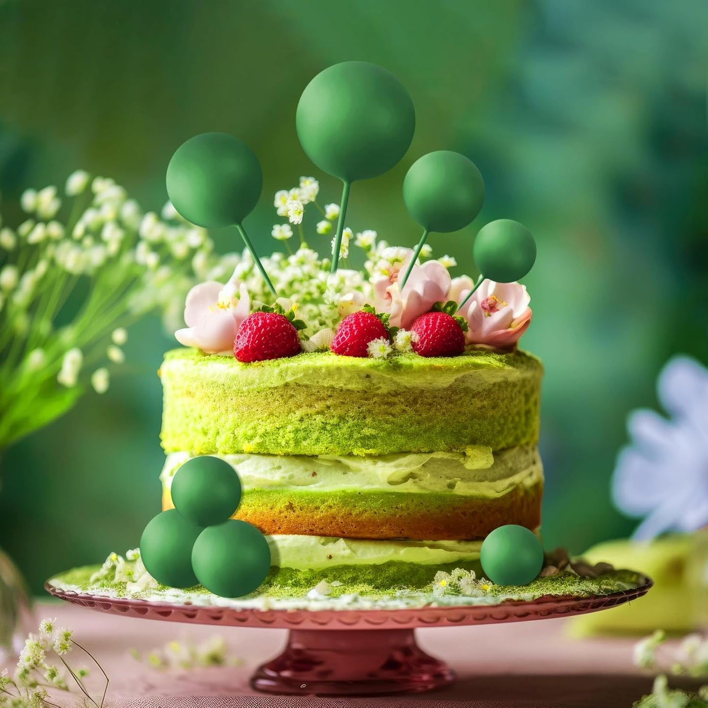 ASTARON 20 Pcs Ball Cake Topper Decorations Mini Balloons Cake Topper Sticks Dark Green Balls Cake Picks Cake Topper Balls Cake Decorations for Christmas Wedding Birthday Cake Decorations
