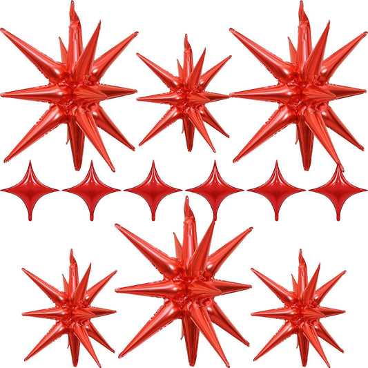 Red Star Balloons 12pcs, 27/22 Inch Foil Star Explosion Balloons, Large Spike Mylar Cone Balloon, Fireworks Shape Balloon Decor for Wedding Engagement Valentine's Day Christmas Birthday