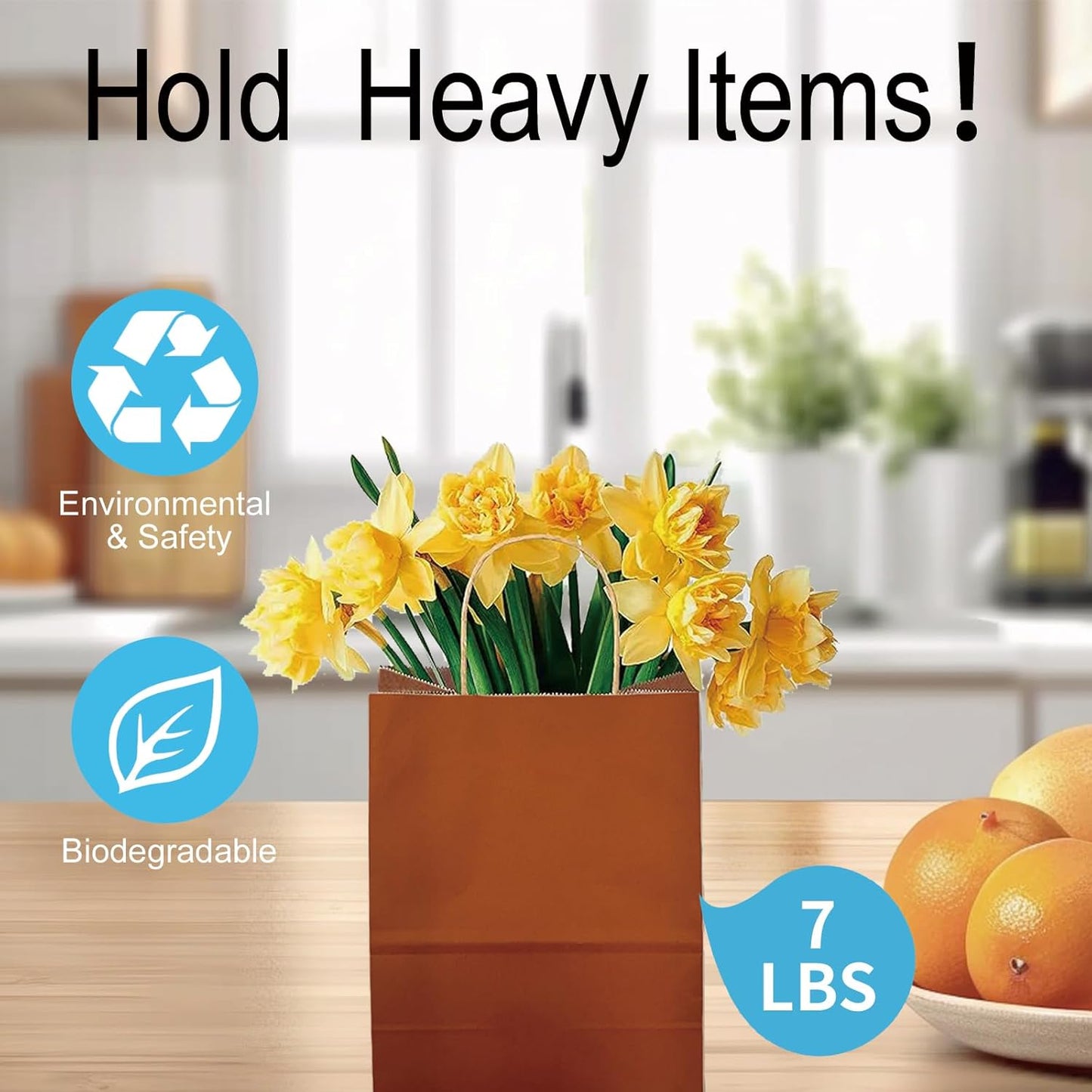 BAG BOX 50 Pack Small 5.9x3.1x8.25 Inch Orange Kraft Paper Gift Bags with Handles for Bulk Shopping, Retail, Craft, Party Favors, Wedding, Grocery & Sacks