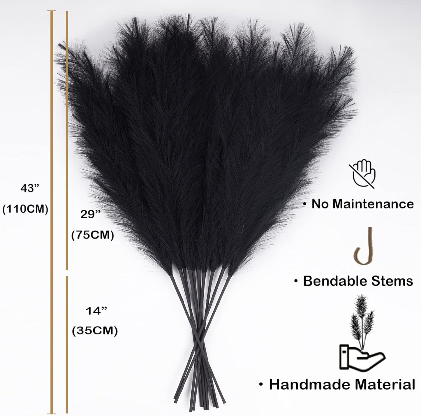 Faux Pampas Grass 6 Stems, Artificial Pampas Grass - 43 inch Total Extra Large Pompass Grass Tall Pompous Boho Flower Arrangement and Floor Vase Filler Home Decor for Room Wedding Party (Black)