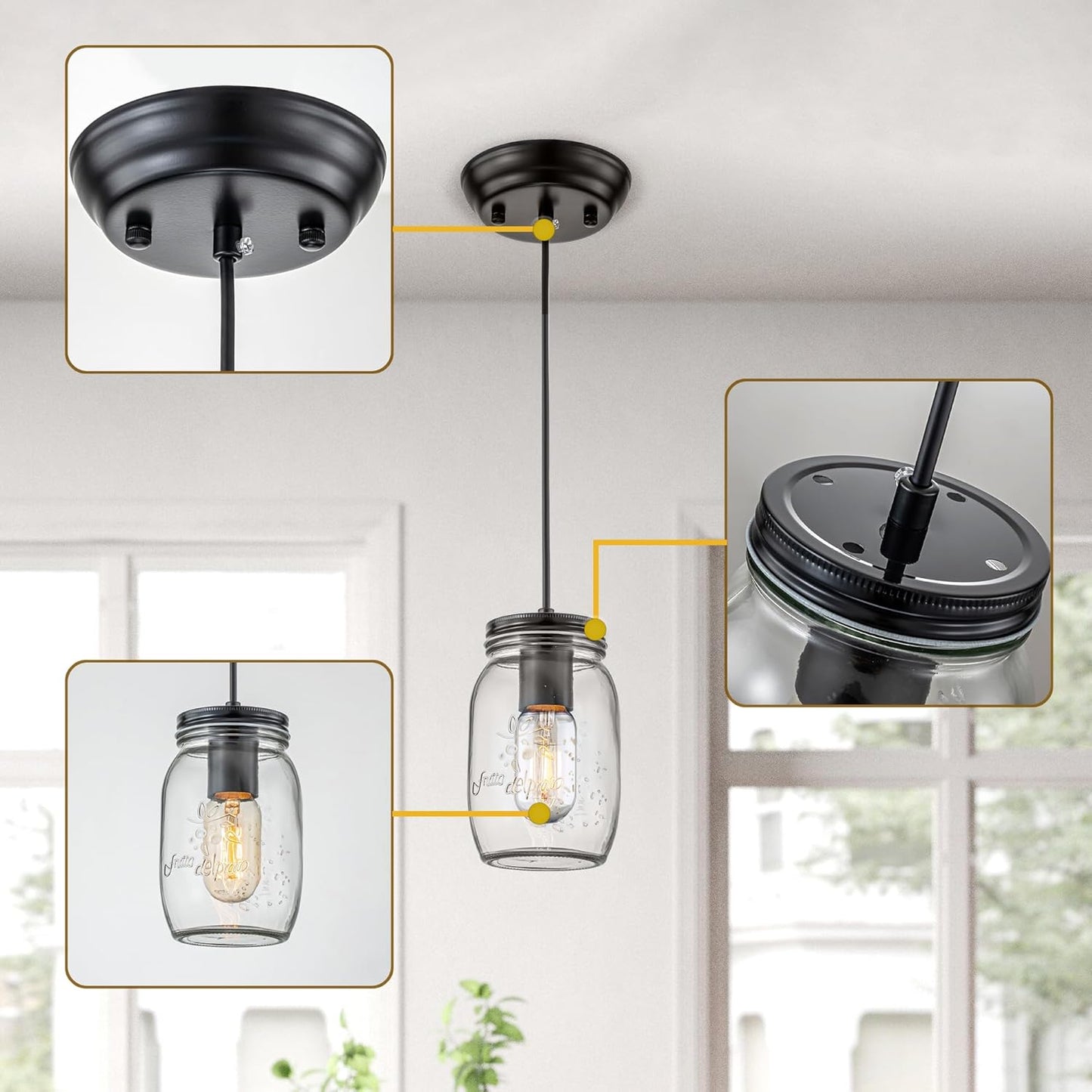 Kitchen Island Light, 1 Lights Adjustable Pendant Lighting, Glass Mason Jar Hanging Lamp(2 Pack)