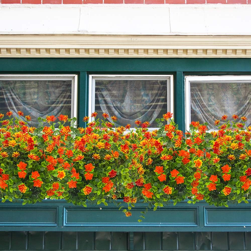 10 Bundles Artificial Fake Flowers, Faux Outdoor Plastic Plants UV Resistant Shrubs Outside Indoor Decorations (Orange-Eucalyptus)