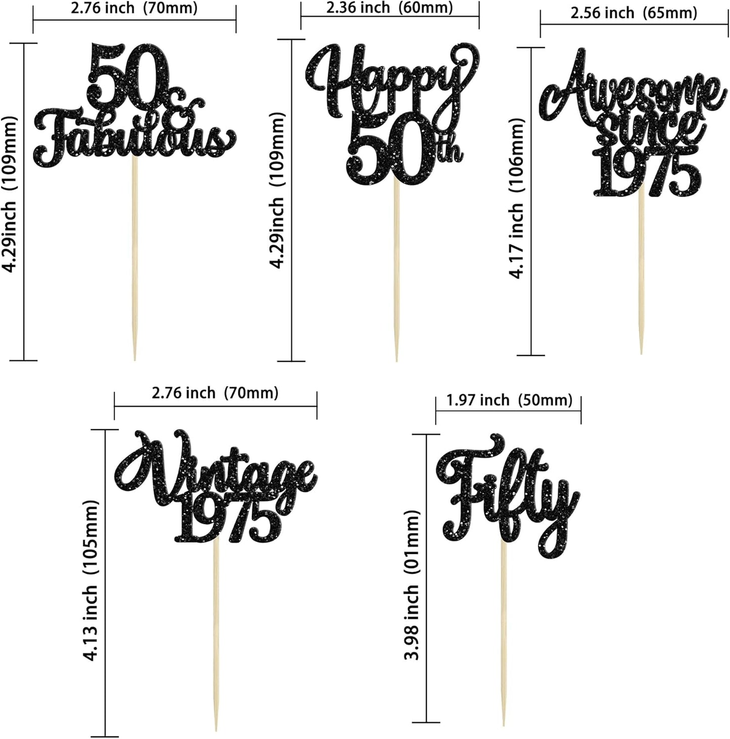 30Pcs Happy 50th Birthday Cupcake Toppers Glitter Fifty Vintage 1975 Cupcake Picks Cheers to 50 Fabulous Cake Decorations for 50th Birthday Wedding Anniversary Party Supplies Black