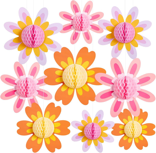 SUNBEAUTY 9 PCS 10 Inches Daisy Birthday Party Decorations - Groovy Flower Spring Sun Retro Hippie Baby Shower Decor