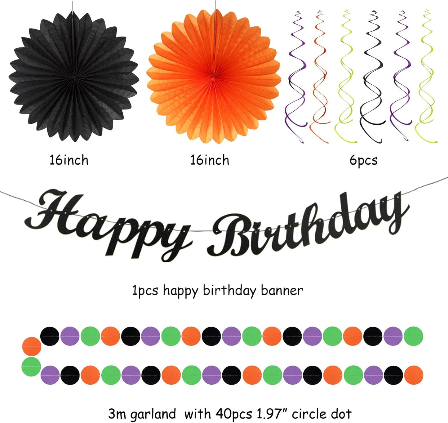 Black-Green Orange-Purple Halloween Birthday Party-Decorations - 21pcs Happy Banner,Paper Lanterns Honeycomb,Tissue Pom Poms Flower Fan,Kids Classroom Hanging Streamers Garland Decor Supplies Huglony