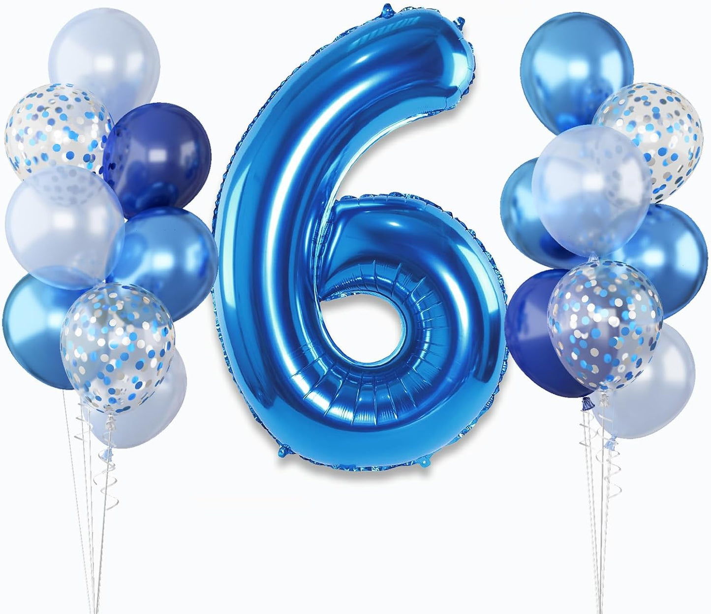 6th Birthday Balloon - Metallic Dark Blue & Navy Blue 40 Inch Self Inflating Number 6 Mylar Balloon with Silver Confetti for Boys & Girls Birthday Party Decorations